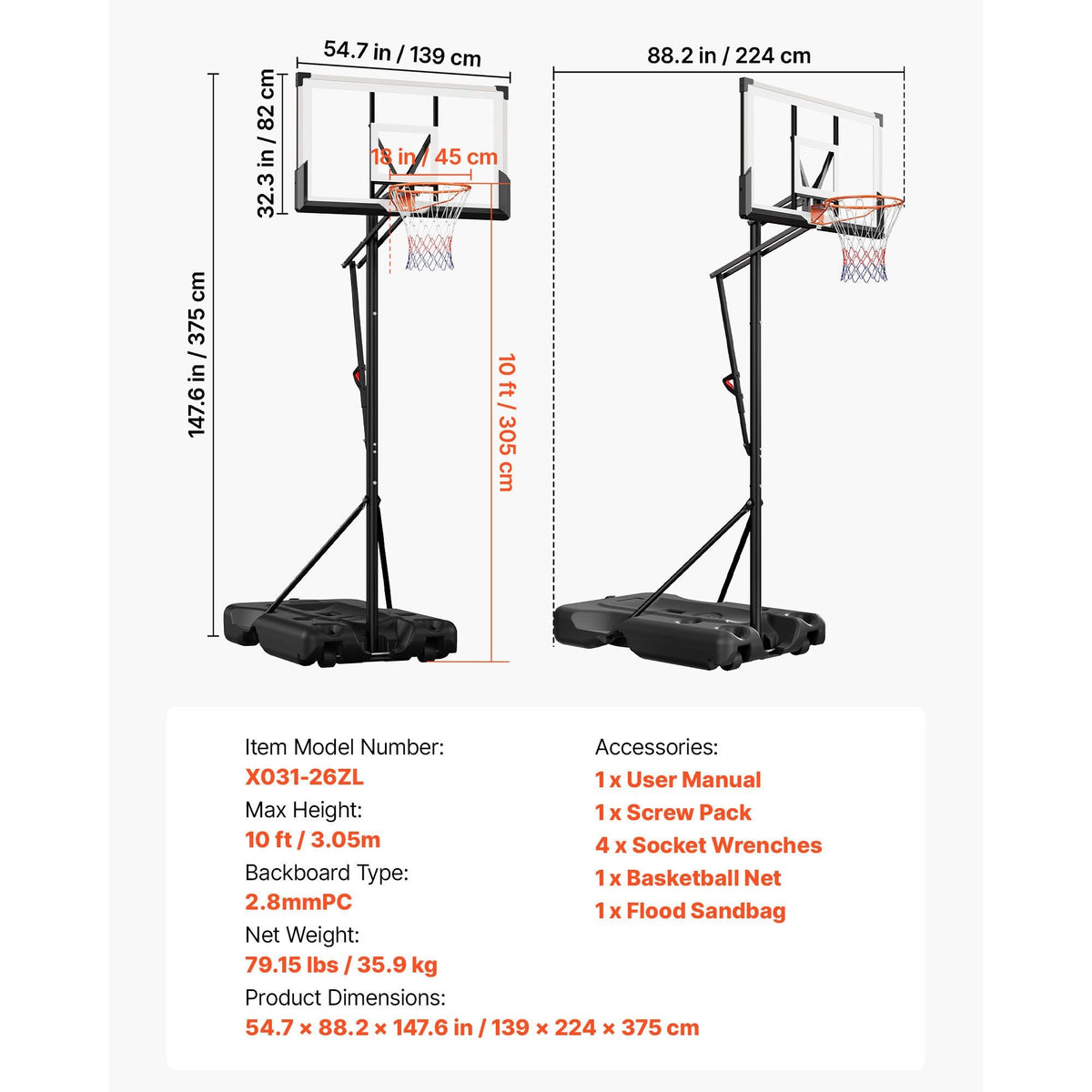 Portable Basketball Stand, 10 ft Height Adjustment Basketball Hoop & Goal, Portable Basketballs Hoop with 54 inch PC Backboard & Wheels for Kids, Teens, Adults in Driveways, Pools, Schools