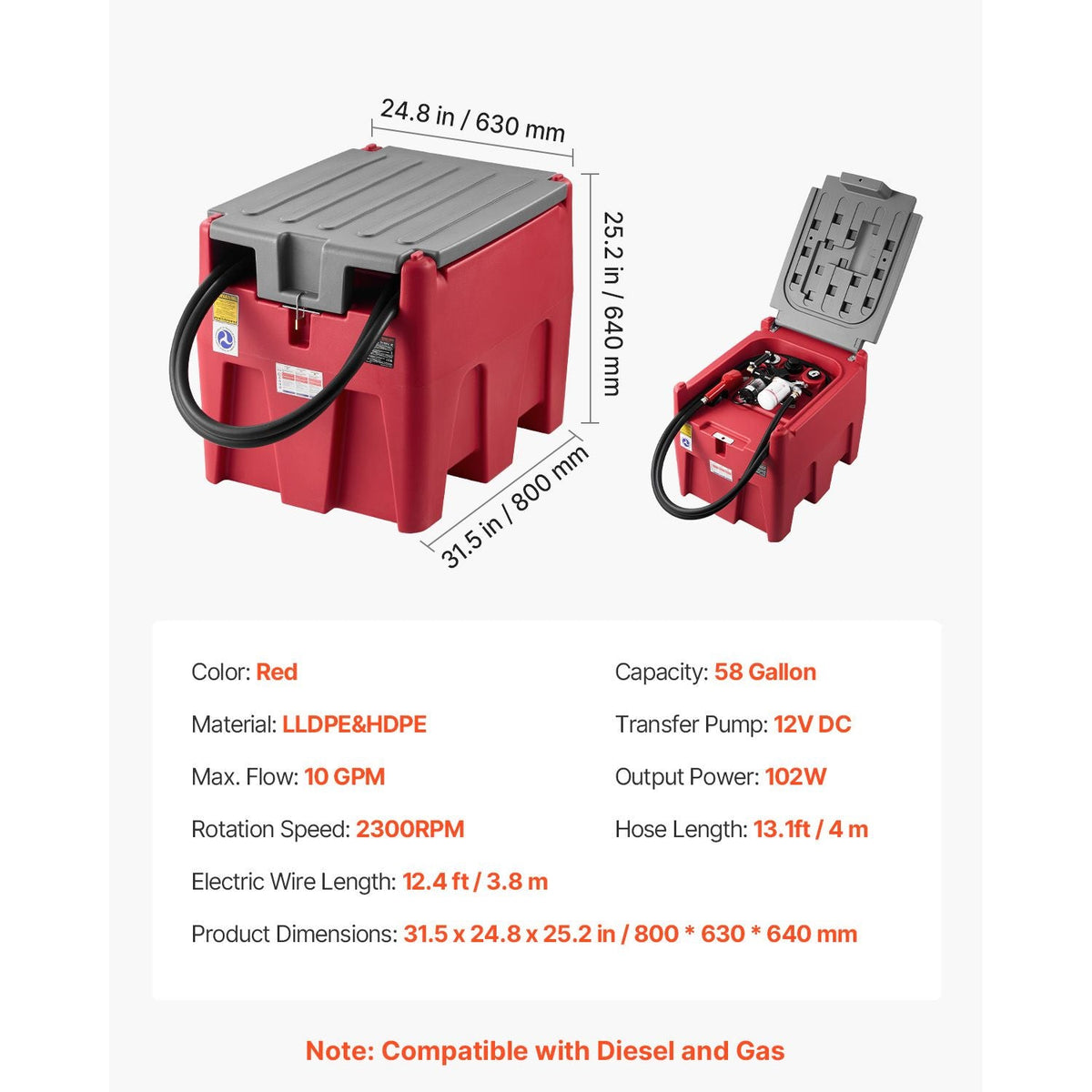 Portable Diesel & Gasoline Tank, 58 Gallon, 10 GPM Flow Rate, Diesel Fuel Tank with 12V Electric Transfer Pump, 13.1ft Hose, Auto Fueling Nozzle, Transfer Tank for Easy Fuel Transportation, Red