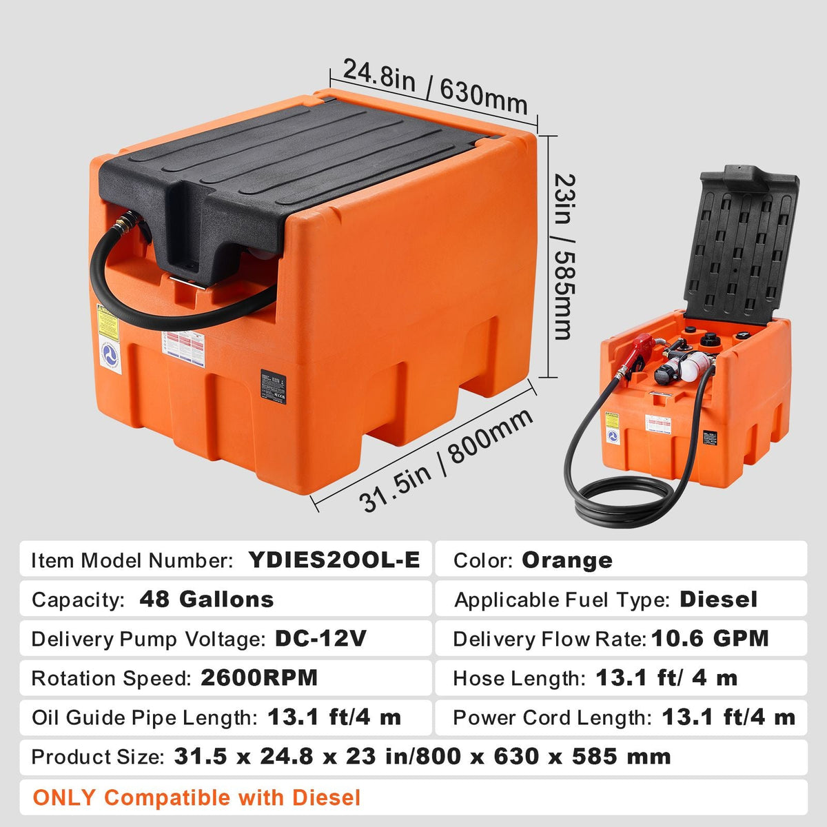 Portable Diesel Tank, 48 Gallon, 10.6GPM Flow Rate, Diesel Fuel Tank with 12V Electric Transfer Pump, 13.1 ft Hose, Auto Fueling Nozzle, Diesel Transfer Tank for Easy Fuel Transportation, Orange