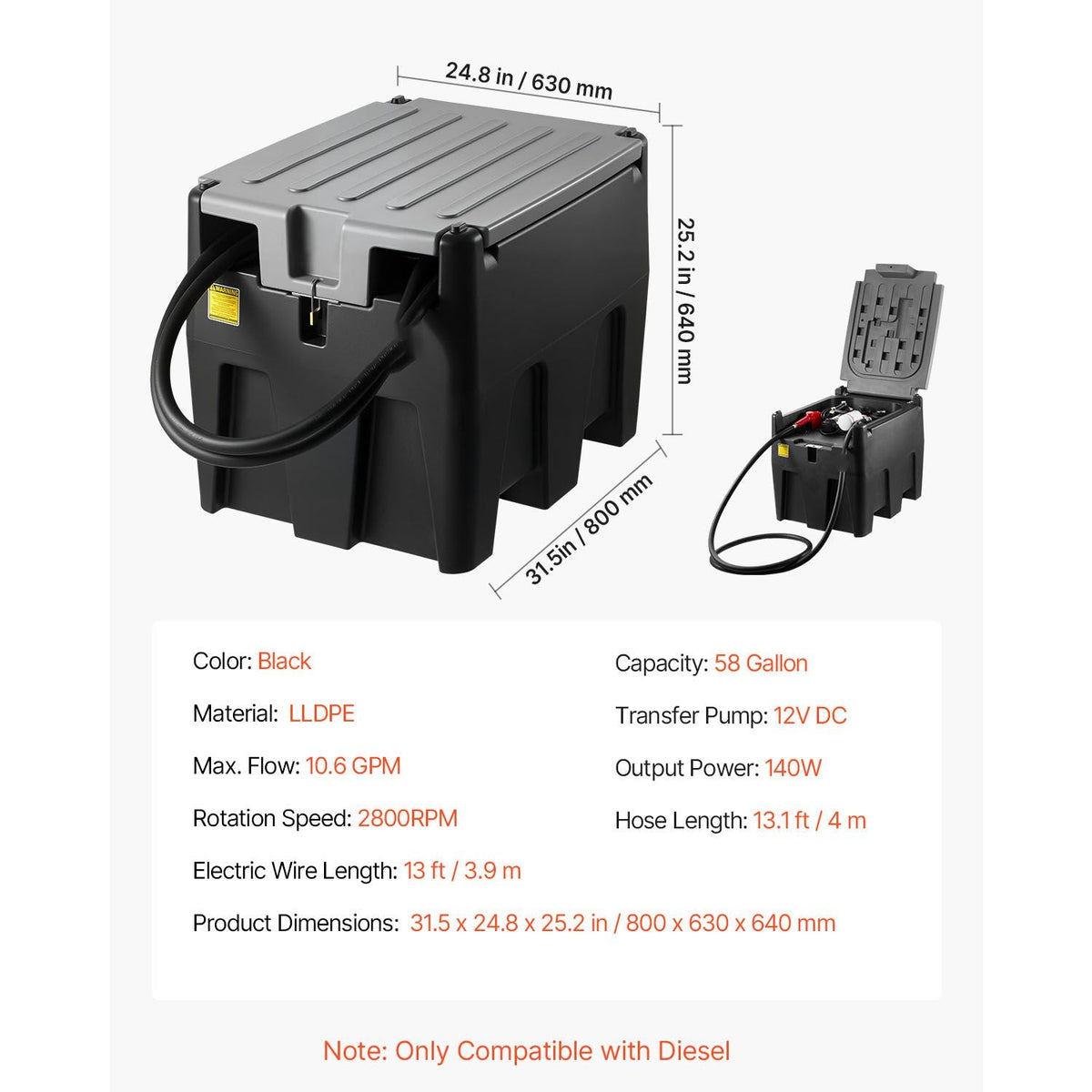 Portable Diesel Tank, 58 Gallon Capacity & 10 GPM Flow Rate, Fuel Tank with 12V Electric Transfer Pump and 13.1ft Rubber Hose, PE Diesel Transfer Tanks for Easy Fuel Transportation, Black