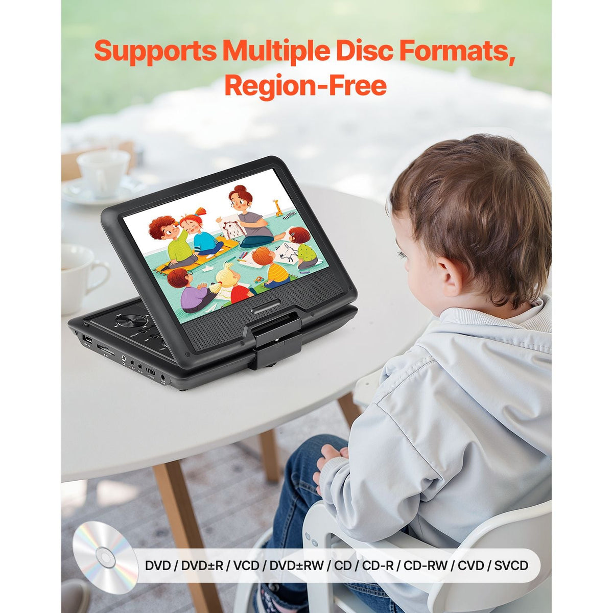 Portable DVD Player, 10.1 inch HD Swivel Display Screen, 4 Hours Built-in Rechargeable Battery, Dual Speakers, Support Sync TV/USB/SD Card/CD/DVD, Car Charger, AC Power Adapter, Remote Control