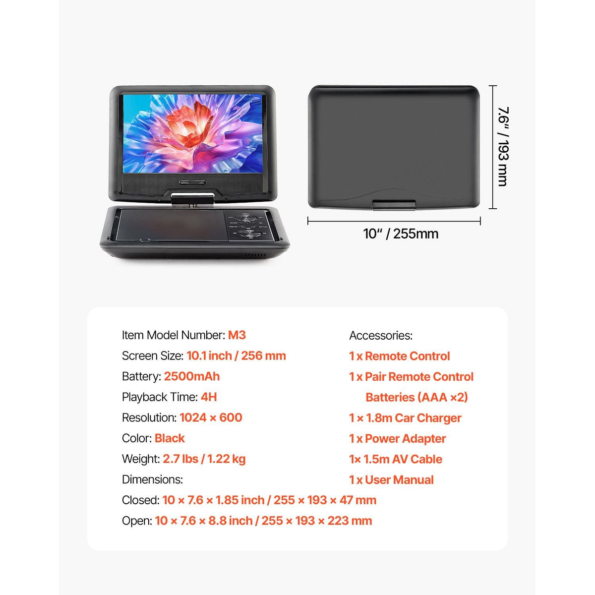 Portable DVD Player, 10.1 inch HD Swivel Display Screen, 4 Hours Built-in Rechargeable Battery, Dual Speakers, Support Sync TV/USB/SD Card/CD/DVD, Car Charger, AC Power Adapter, Remote Control