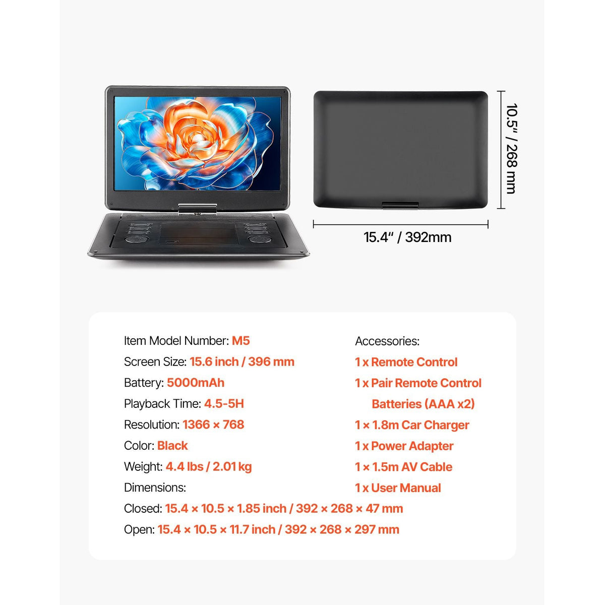 Portable DVD Player, 15.6 inch HD Swivel Display Screen, 4.5-5 H Built-in Rechargeable Battery, Dual Speakers, Support Sync TV/USB/SD Card/CD/DVD, Car Charger, AC Power Adapter, Remote Control