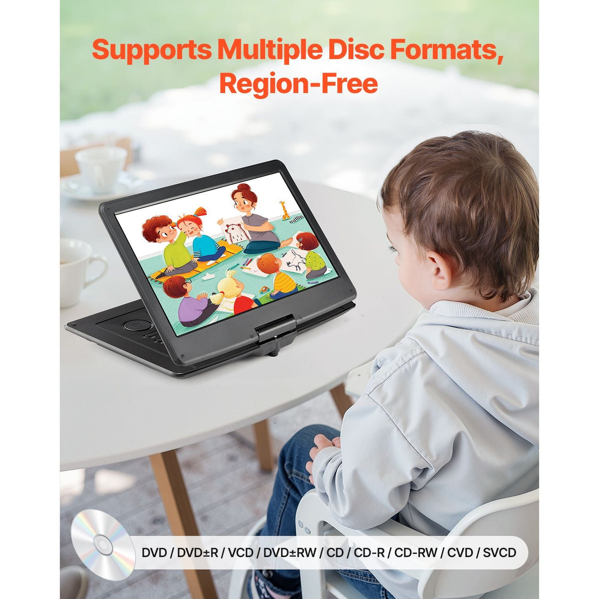 Portable DVD Player, 15.6 inch HD Swivel Display Screen, 4.5-5 H Built-in Rechargeable Battery, Dual Speakers, Support Sync TV/USB/SD Card/CD/DVD, Car Charger, AC Power Adapter, Remote Control
