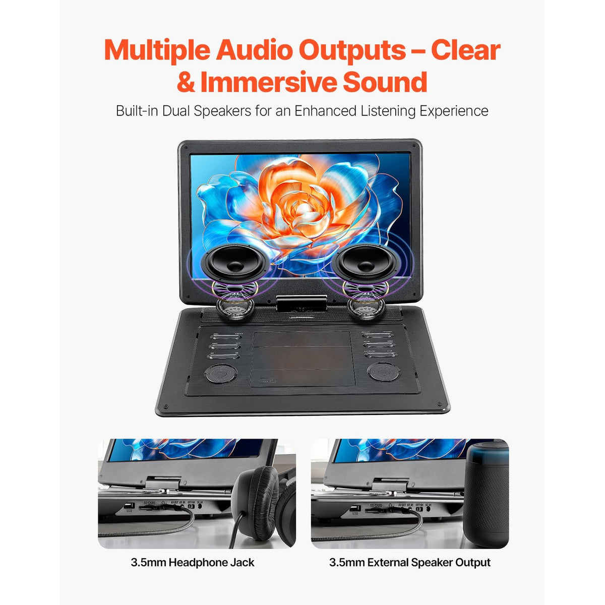 Portable DVD Player, 15.6 inch HD Swivel Display Screen, 4.5-5 H Built-in Rechargeable Battery, Dual Speakers, Support Sync TV/USB/SD Card/CD/DVD, Car Charger, AC Power Adapter, Remote Control