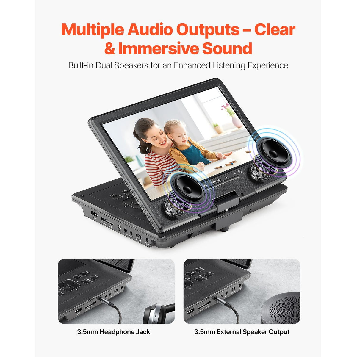 Portable DVD Player, 9 inch HD Swivel Display Screen, 4 Hours Built-in Rechargeable Battery, Dual Speakers, Support Sync TV/USB/SD Card/CD/DVD, Car Charger, AC Power Adapter, Remote Control