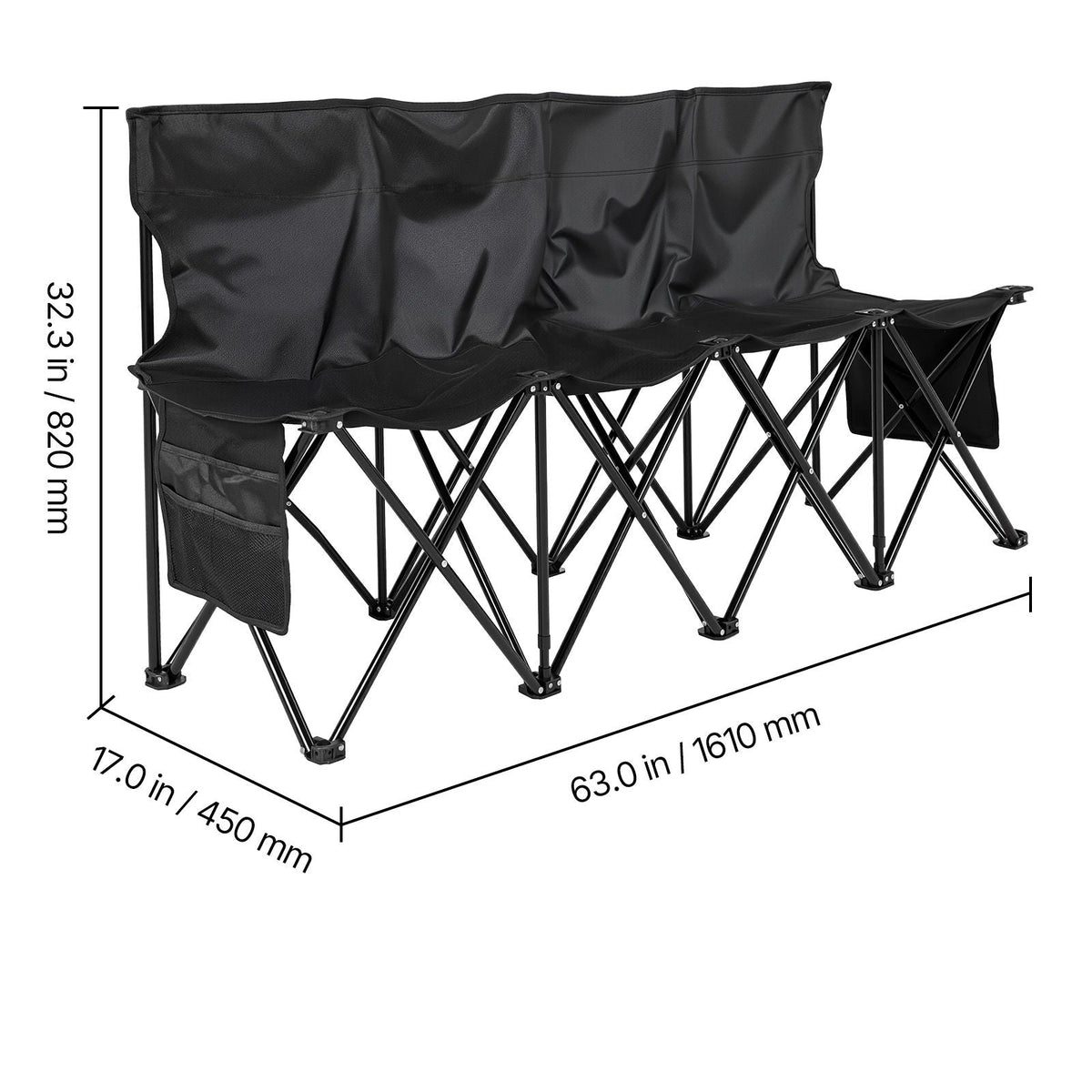 Portable Folding Bench, 4 Seat Foldable Soccer Bench with Side Pockets and Carrying Bag, Lightweight Sideline Seating with Back Rest for Football, Baseball, Camping, Outdoor Events, Black