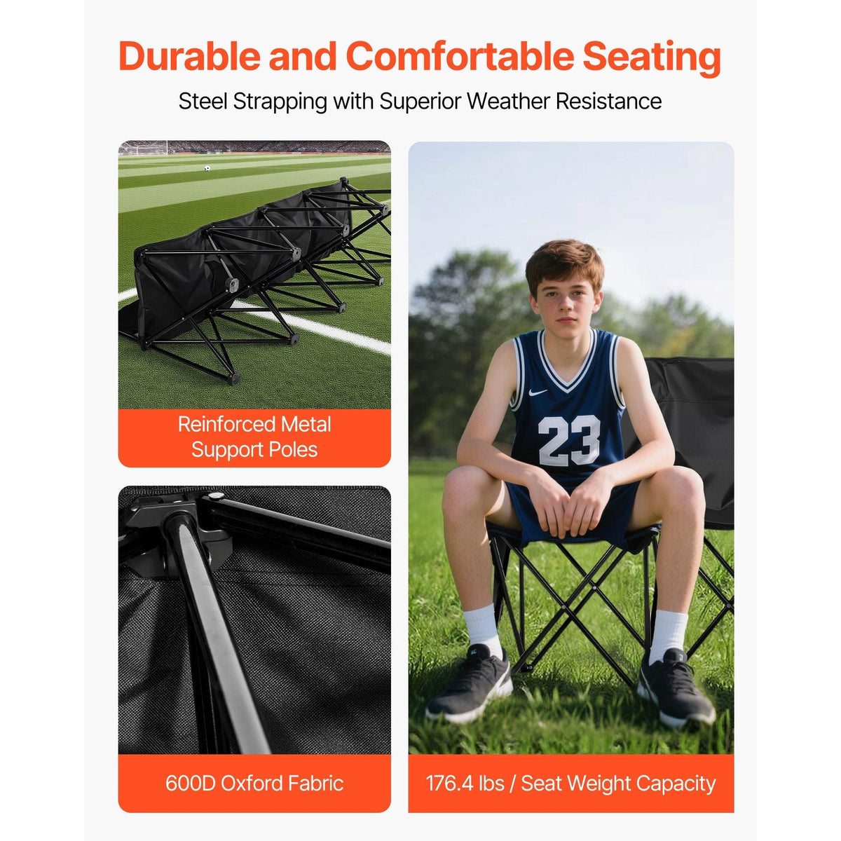 Portable Folding Bench, 4 Seat Foldable Soccer Bench with Side Pockets and Carrying Bag, Lightweight Sideline Seating with Back Rest for Football, Baseball, Camping, Outdoor Events, Black