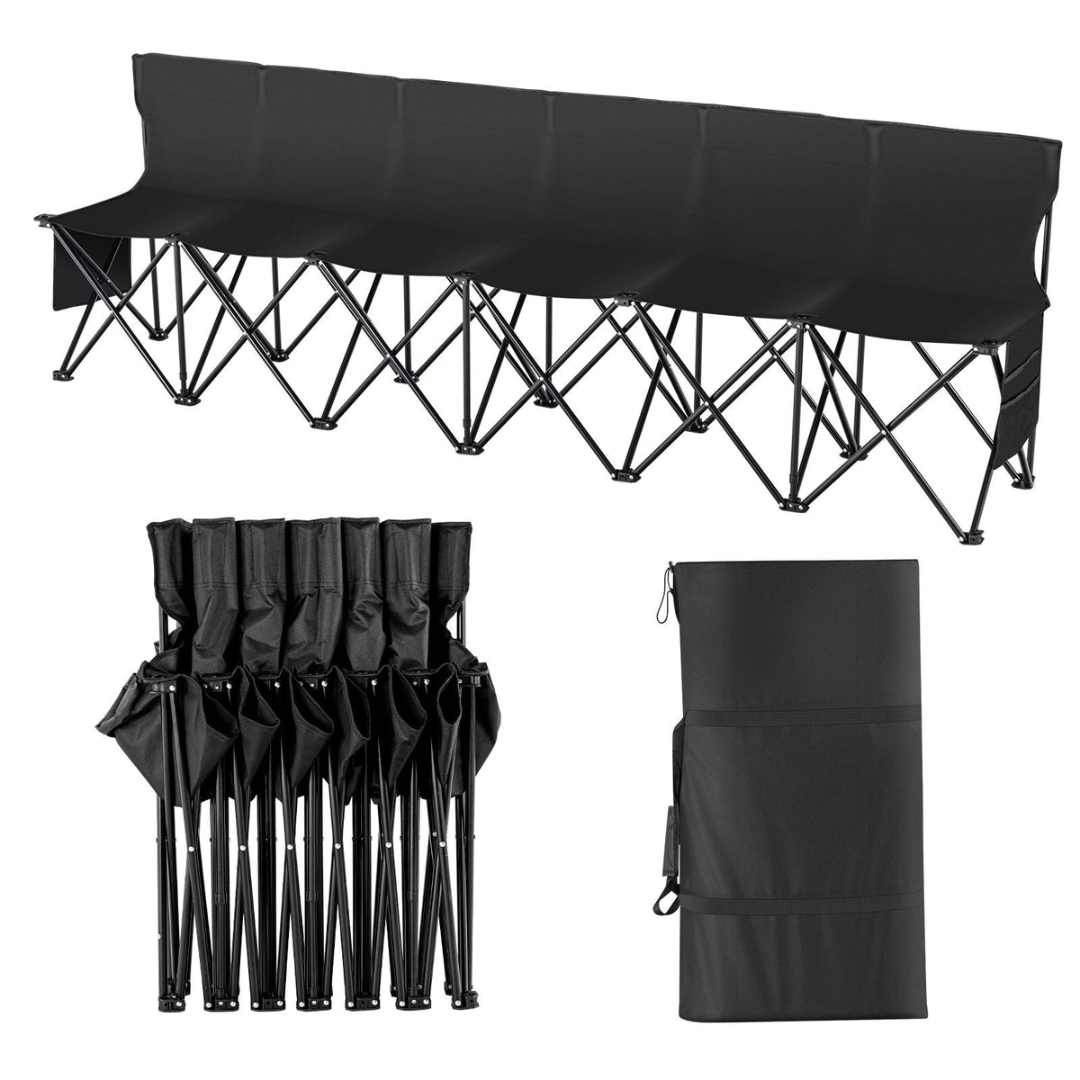 Portable Folding Bench, 6 Seat Foldable Soccer Bench with Side Pockets and Carrying Bag, Lightweight Sideline Seating with Back Rest for Football, Baseball, Camping, Outdoor Events, Black