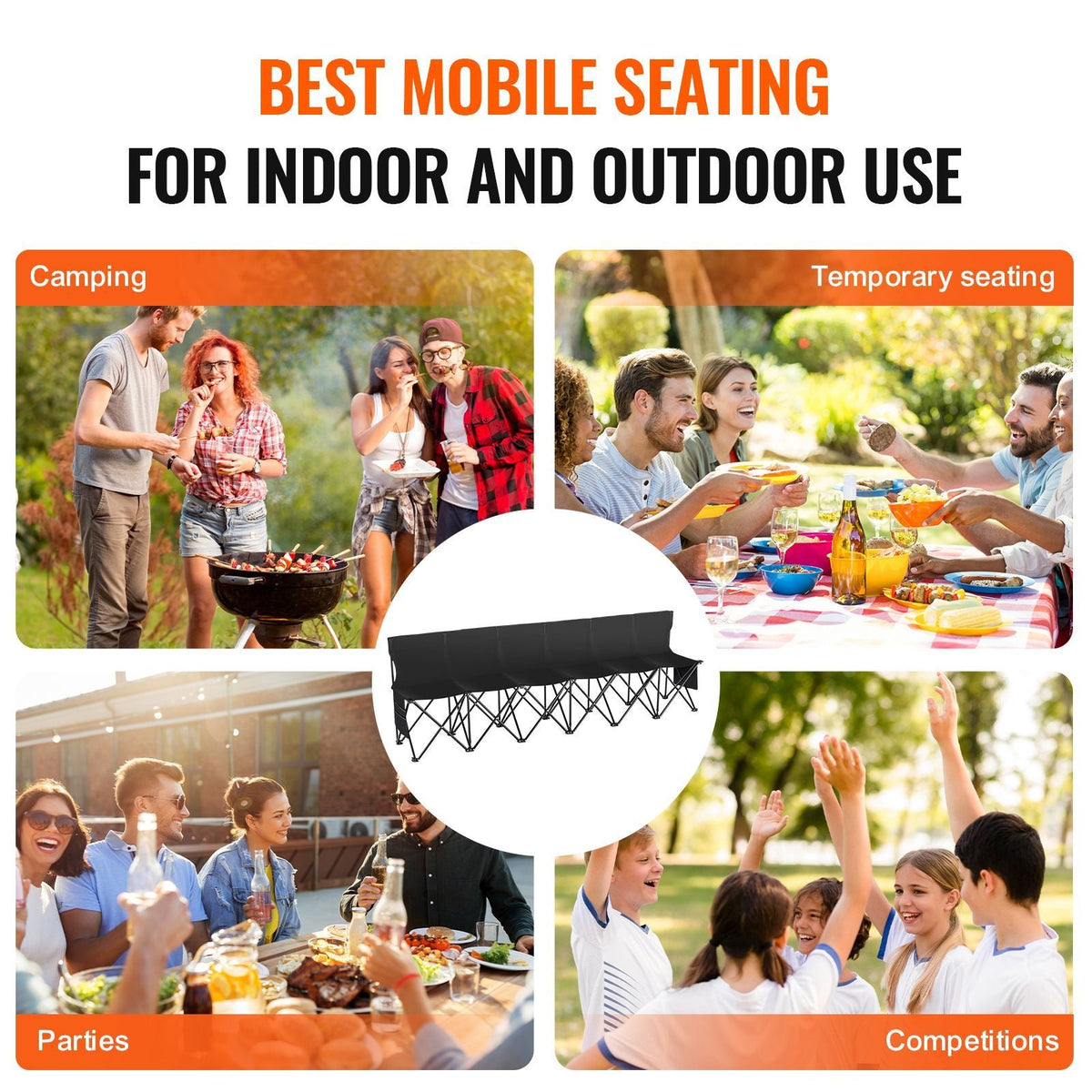 Portable Folding Bench, 6 Seat Foldable Soccer Bench with Side Pockets and Carrying Bag, Lightweight Sideline Seating with Back Rest for Football, Baseball, Camping, Outdoor Events, Black