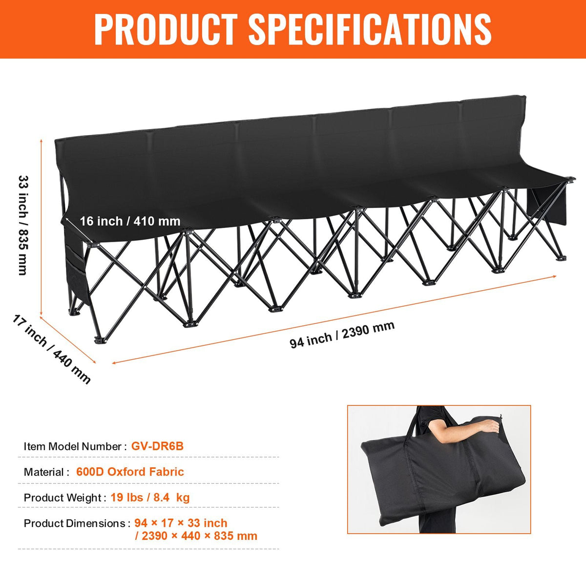 Portable Folding Bench, 6 Seat Foldable Soccer Bench with Side Pockets and Carrying Bag, Lightweight Sideline Seating with Back Rest for Football, Baseball, Camping, Outdoor Events, Black