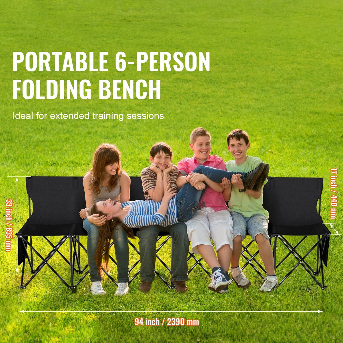 Portable Folding Bench, 6 Seat Foldable Soccer Bench with Side Pockets and Carrying Bag, Lightweight Sideline Seating with Back Rest for Football, Baseball, Camping, Outdoor Events, Black