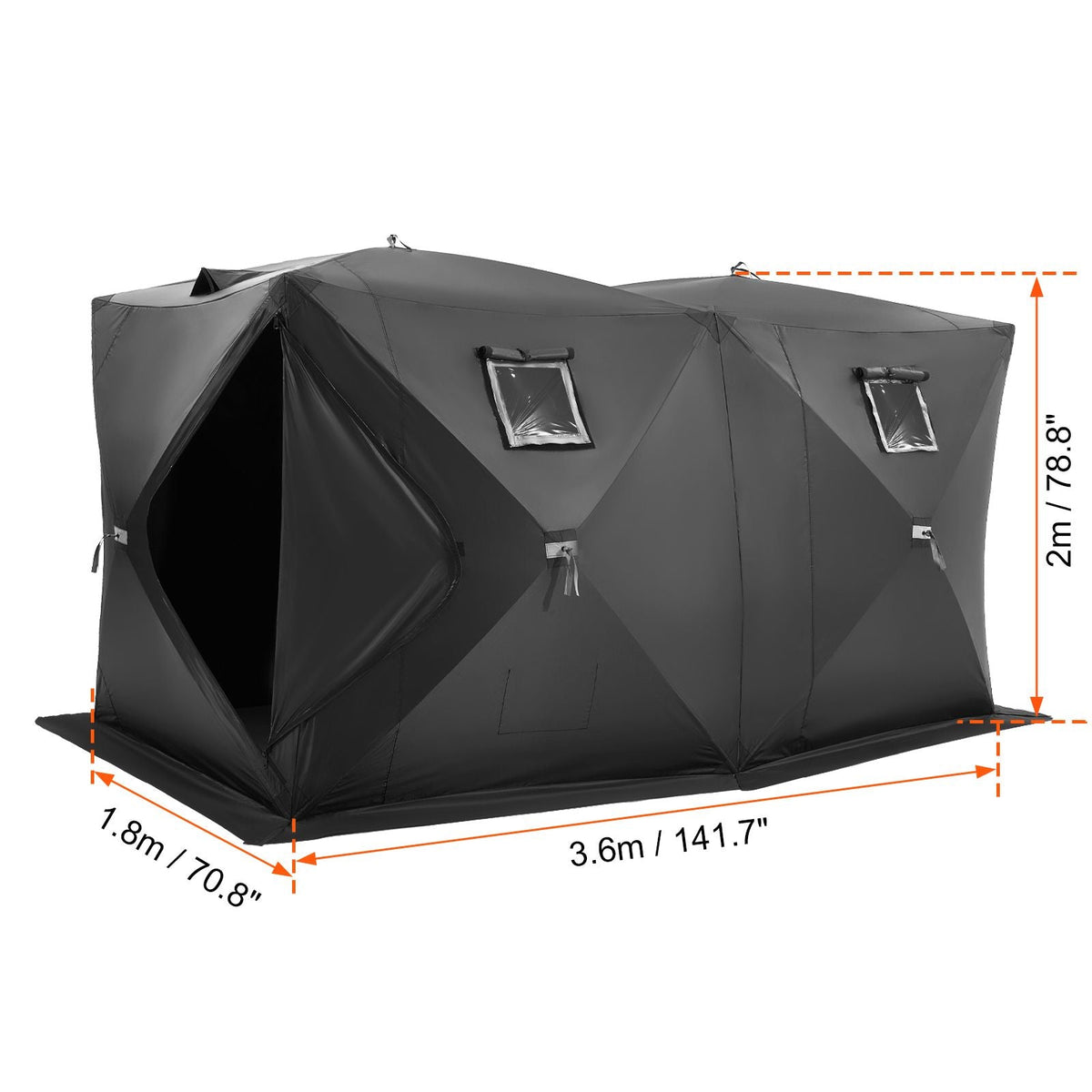 Portable Ice Shelter, 6-8 Person Pop-Up Ice Fishing Tent, 70 Square Feet Fishable Area, Ice Shanty for Winter Fishing, Waterproof Oxford Ice Cube with Anchors/Ropes/Carrying Bag, 142"x71" Black
