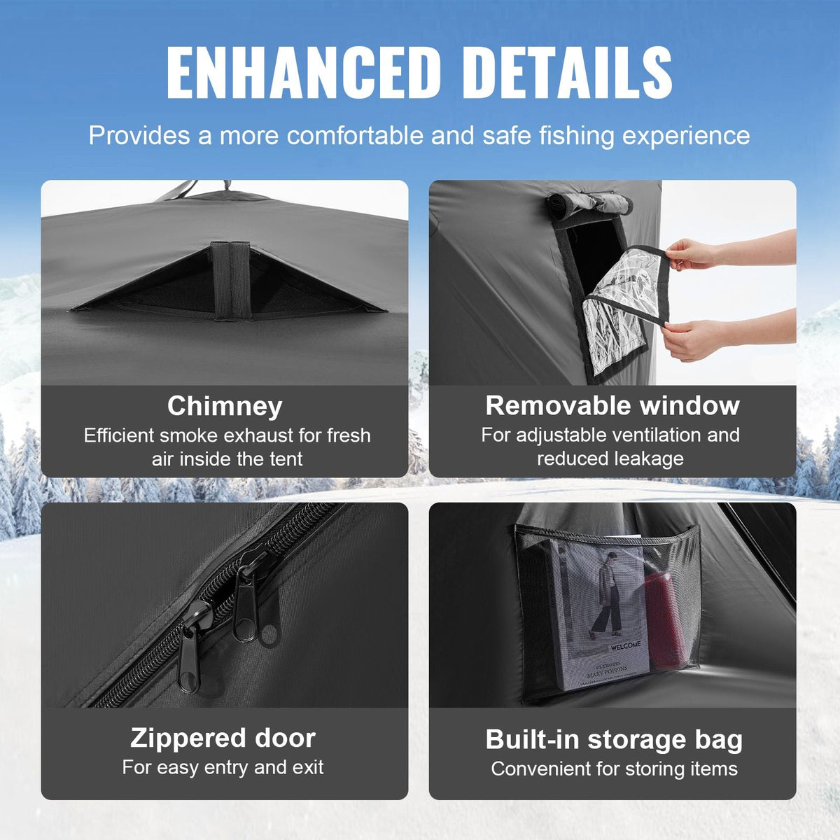 Portable Ice Shelter, 6-8 Person Pop-Up Ice Fishing Tent, 70 Square Feet Fishable Area, Ice Shanty for Winter Fishing, Waterproof Oxford Ice Cube with Anchors/Ropes/Carrying Bag, 142"x71" Black