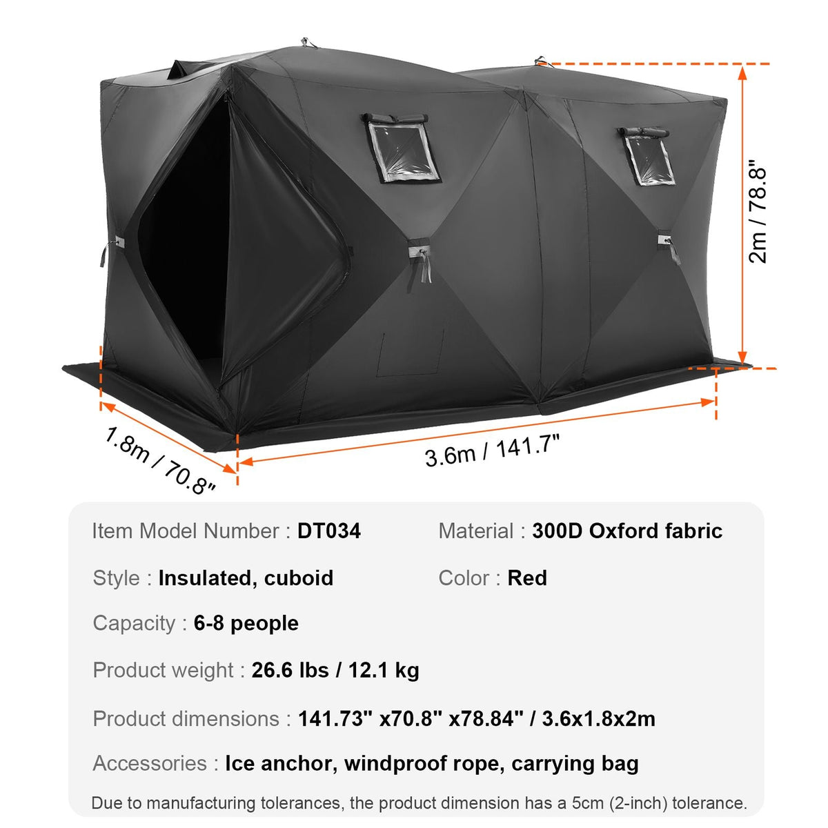Portable Ice Shelter, 6-8 Person Pop-Up Ice Fishing Tent, 70 Square Feet Fishable Area, Ice Shanty for Winter Fishing, Waterproof Oxford Ice Cube with Anchors/Ropes/Carrying Bag, 142"x71" Black
