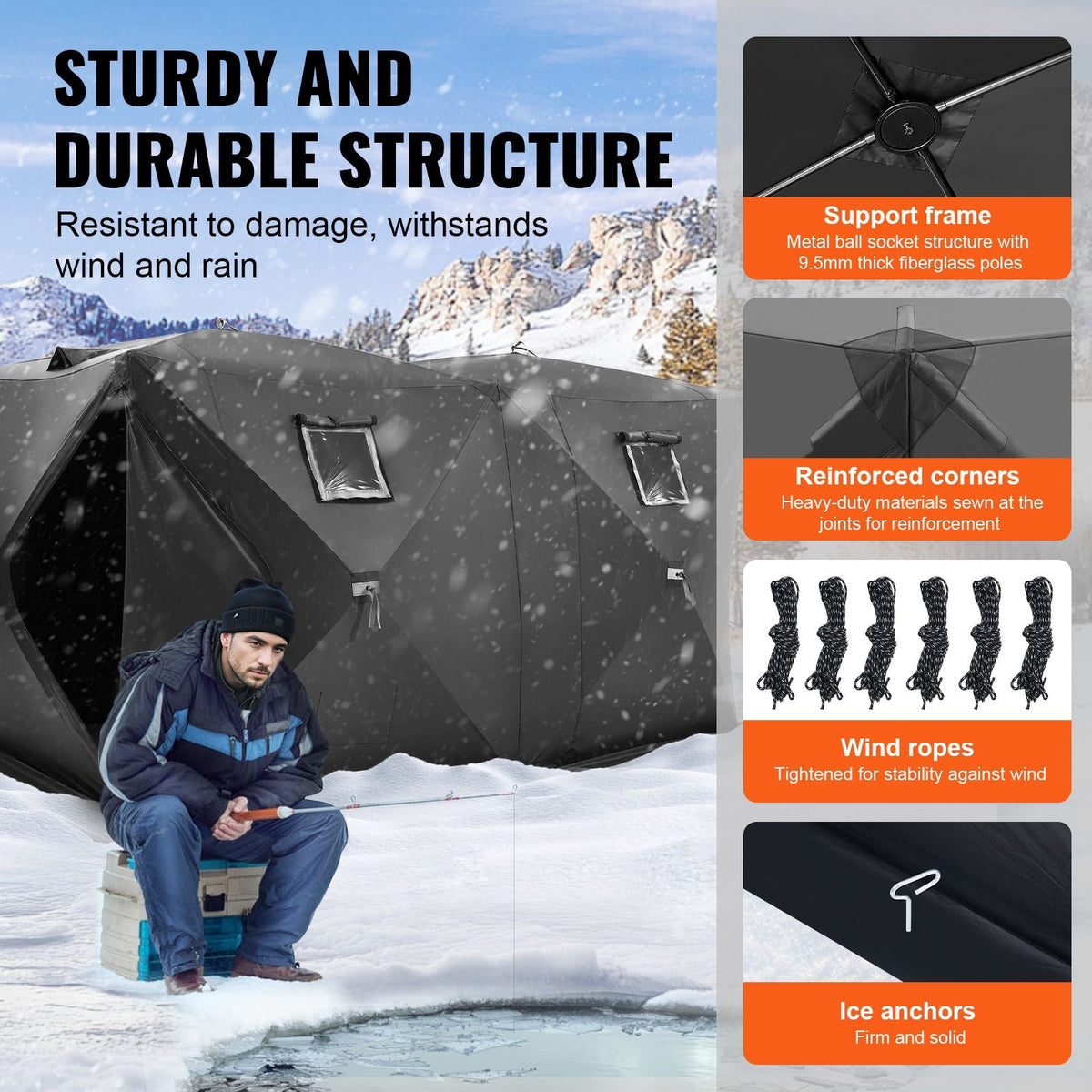 Portable Ice Shelter, 6-8 Person Pop-Up Ice Fishing Tent, 70 Square Feet Fishable Area, Ice Shanty for Winter Fishing, Waterproof Oxford Ice Cube with Anchors/Ropes/Carrying Bag, 142"x71" Black