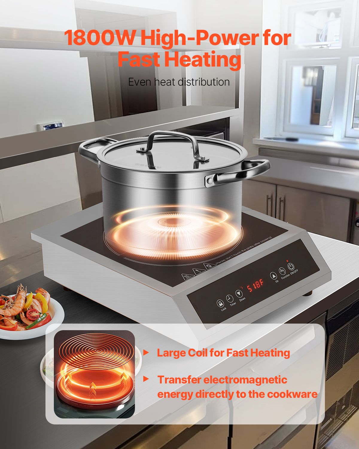 Portable Induction Cooktop, 1800W Commercial Induction Burner with 9 Temperature Settings, Stainless Steel Countertop Induction Hot Plate with 3H Timer, Child Lock, for Restaurant Cooking