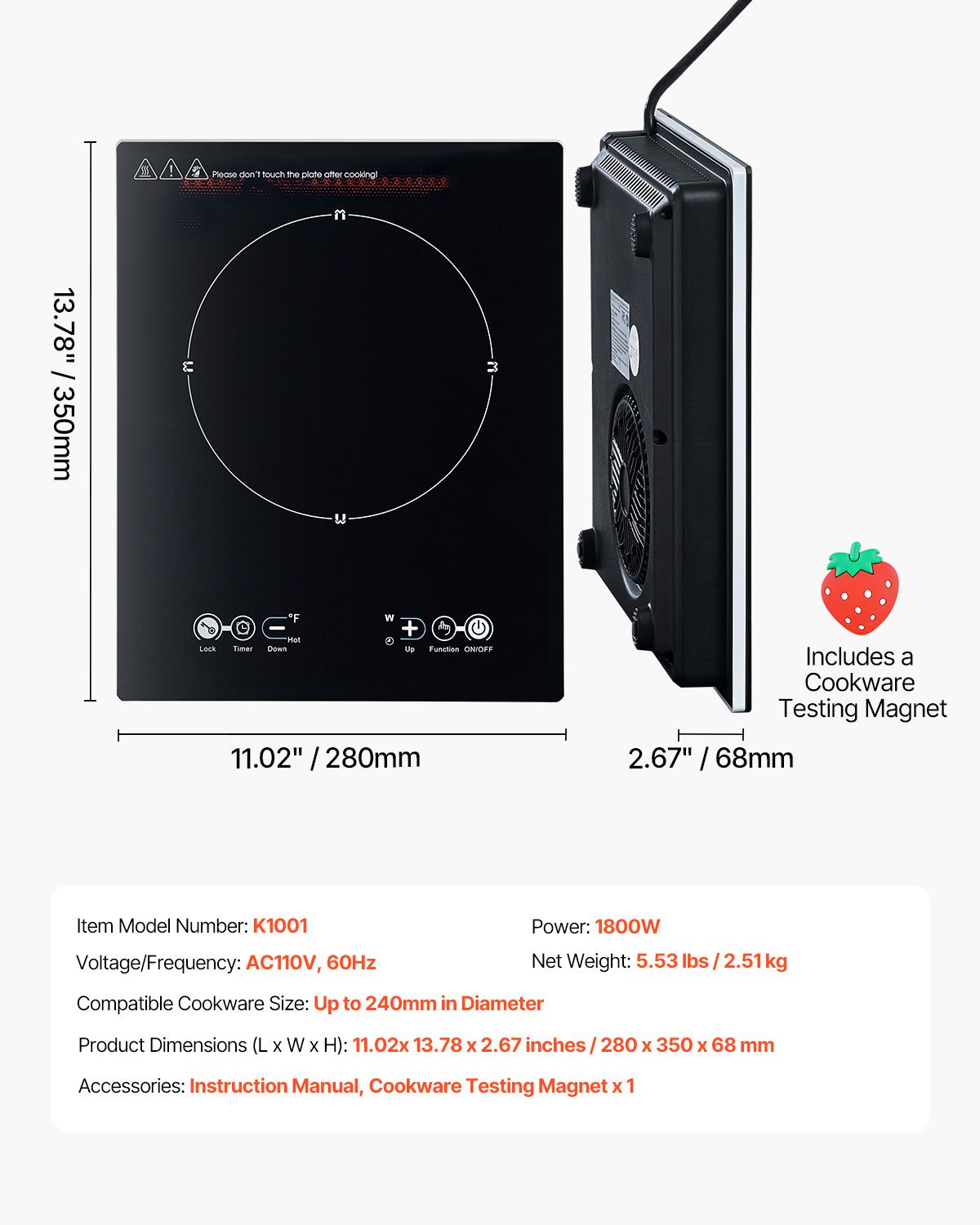 Portable Induction Cooktop, 1800W Electric Induction Burner with 9 Temperature Settings, Countertop Induction Hot Plate with 3H Timer, Child Lock, Easy to Clean, for Home Kitchen Cooking
