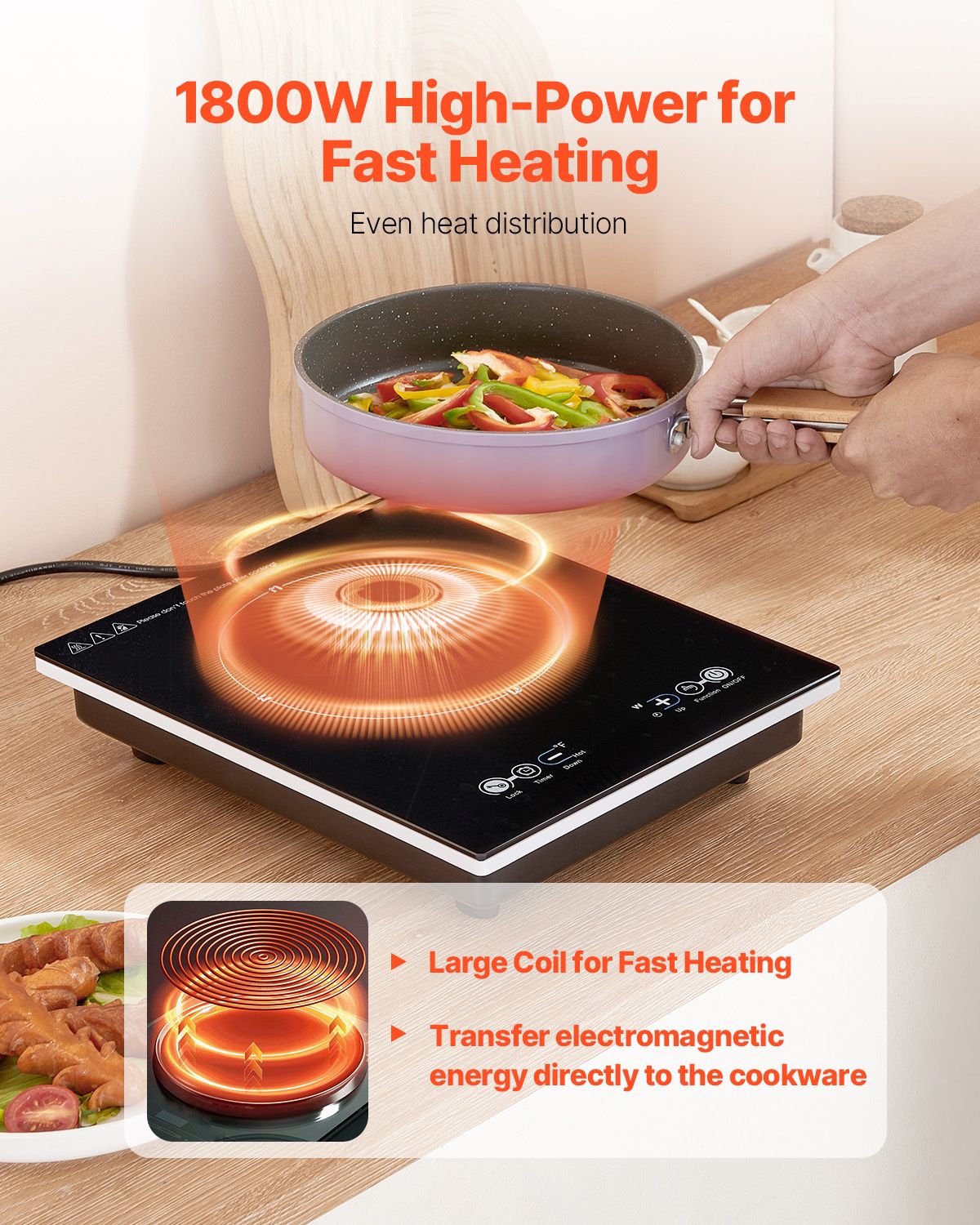 Portable Induction Cooktop, 1800W Electric Induction Burner with 9 Temperature Settings, Countertop Induction Hot Plate with 3H Timer, Child Lock, Easy to Clean, for Home Kitchen Cooking