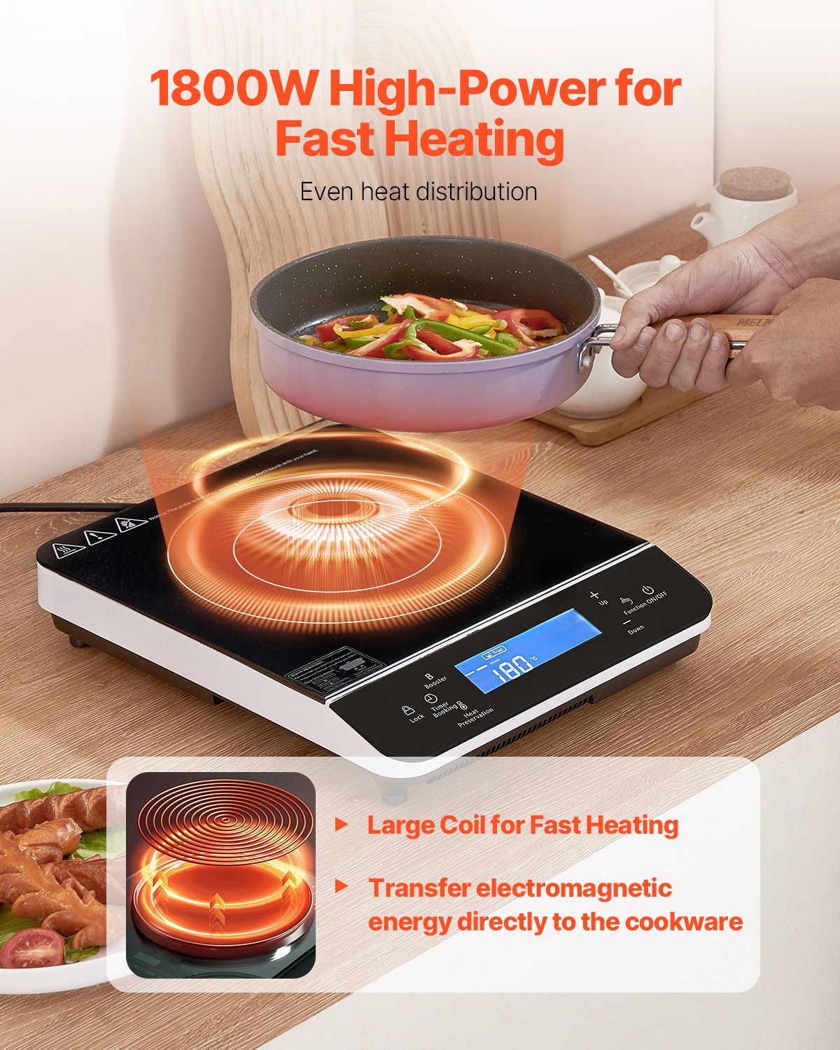 Portable Induction Cooktop, 1800W Electric Induction Burner with 9 Temperature Settings, Countertop Induction Hot Plate with 4H Timer, 24H Reservation, Child Lock, Easy to Clean, for Cooking
