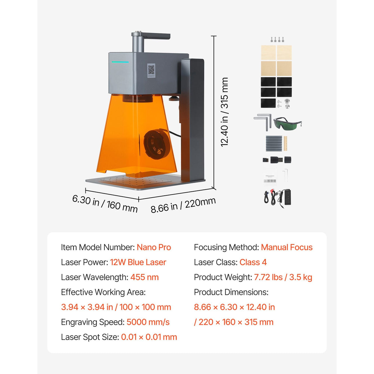 Portable Laser Engraver, 5000 mm/s High Speed, 12W Handheld Blue Laser Engraver and Cutter, Engraving Precision 0.01 x 0.01 mm, DIY Engraving Tool, for Wood, Acrylic, Leather, Cloth, Class 4