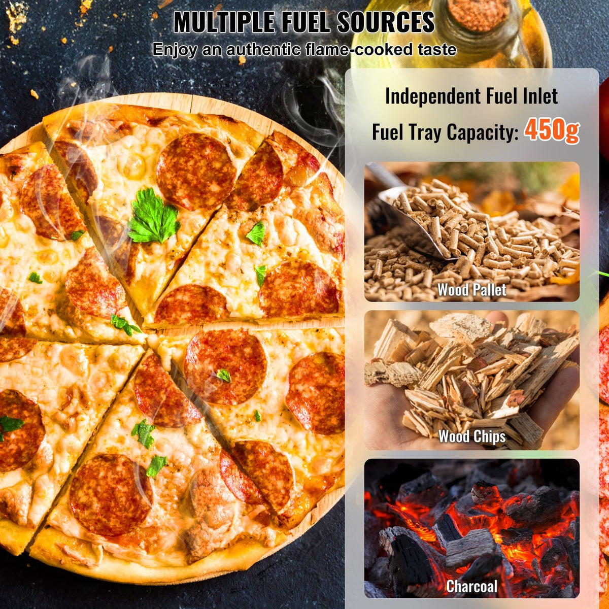 Portable Outdoor Oven, 12-inch Pizza Oven, Pellet & Chips & Charcoal Tri-Fuel, Stainless Steel Pizza Grill, Includes Pizza Stone, Waterproof Cover, Shovel, Ideal for Camping & Backyard, Silver