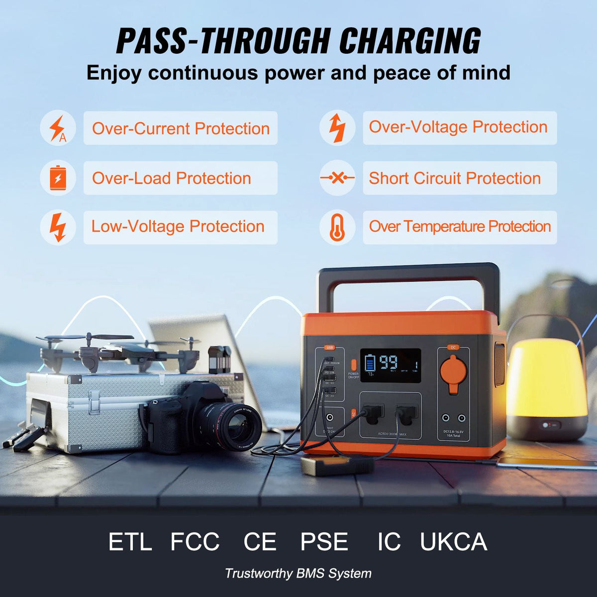 Portable Power Station, 296Wh, Backup Lithium-ion Battery Solar Powered Generator, 300W(Peak Power 600W) Pure Sine Wave AC Outlet, USB QC3.0 LED Light, for Outdoors Camping Travel Home Emergency
