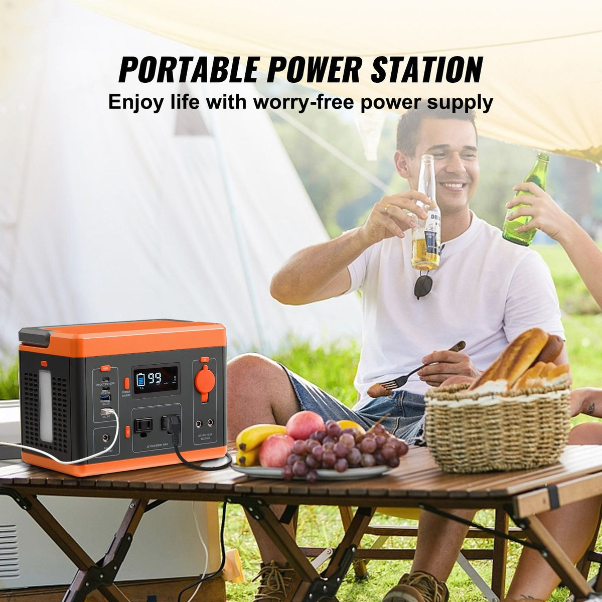Portable Power Station, 296Wh, Backup Lithium-ion Battery Solar Powered Generator, 300W(Peak Power 600W) Pure Sine Wave AC Outlet, USB QC3.0 LED Light, for Outdoors Camping Travel Home Emergency