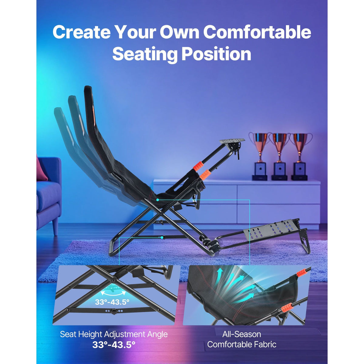 Portable Racing Wheel Stand, Foldable & Adjustable Steering Sim Wheel Stand, 18.5 in Seat Inner Width, Compatible with Logitech G923/G920/G29, Thrustmaster T248P, Fanatec, Hori, Mad Catz, Black