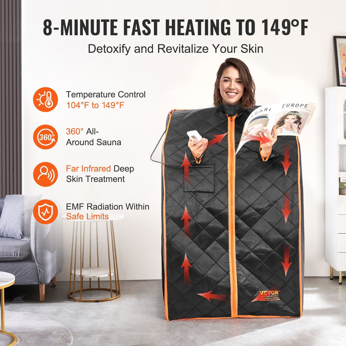 Portable Sauna Tent, 1050W Personal Sauna Kit for Home Spa, Detoxify & Soothing Infrared Heated Body Therapy, Time & Temperature Remote Control with Chair & Floor Mat & Storage Bag, Black