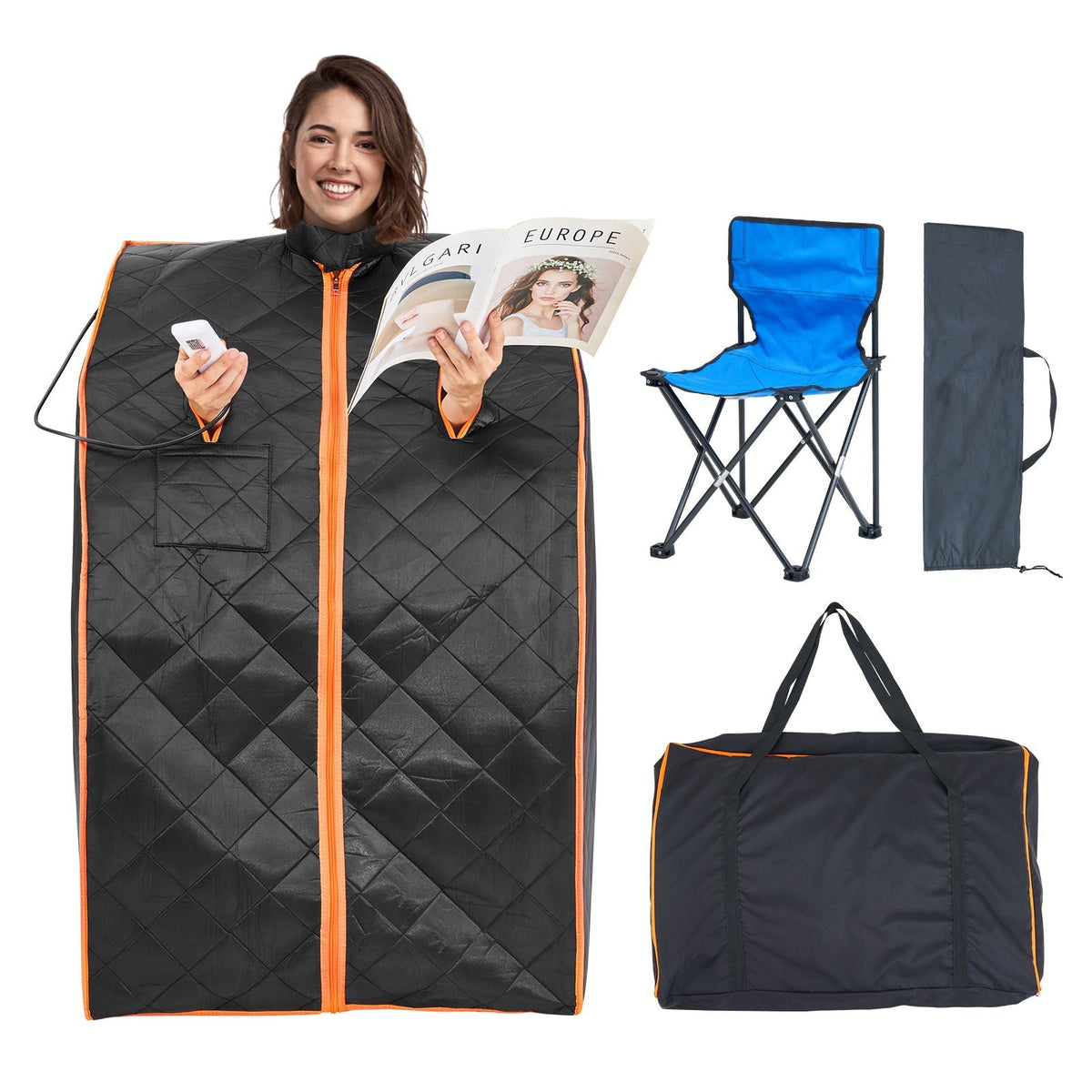 Portable Sauna Tent, 1050W Personal Sauna Kit for Home Spa, Detoxify & Soothing Infrared Heated Body Therapy, Time & Temperature Remote Control with Chair & Floor Mat & Storage Bag, Black