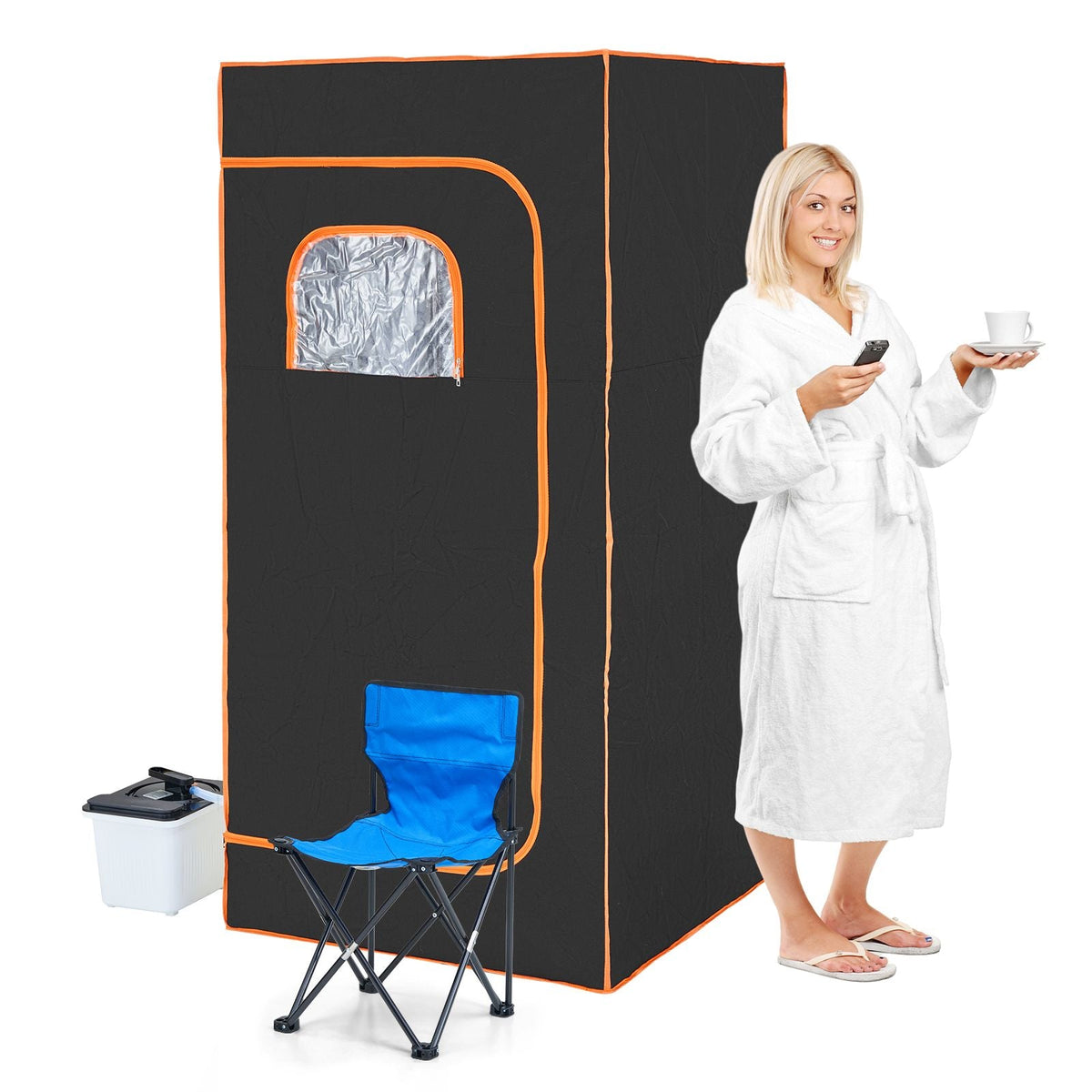 Portable Steam Sauna Tent Full Size, 1600W With Visible Window, Personal Sauna Blanket Kit for Home Spa, Detoxify & Soothing Heated Body Therapy,Time&Temperature Remote Control with Chair,Black