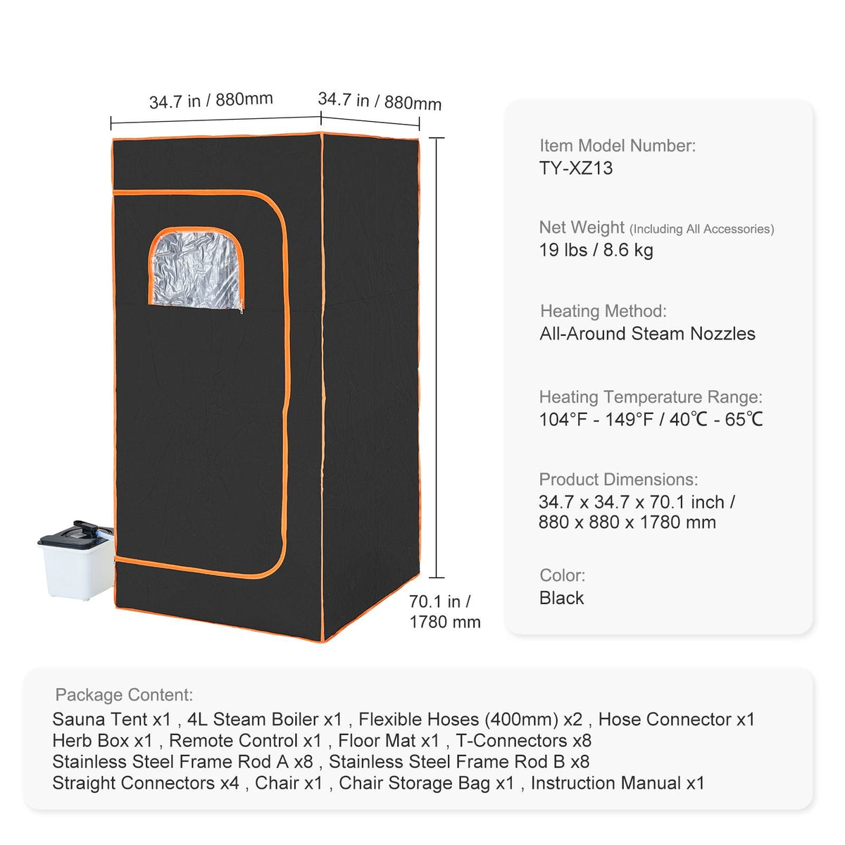 Portable Steam Sauna Tent Full Size, 1600W With Visible Window, Personal Sauna Blanket Kit for Home Spa, Detoxify & Soothing Heated Body Therapy,Time&Temperature Remote Control with Chair,Black
