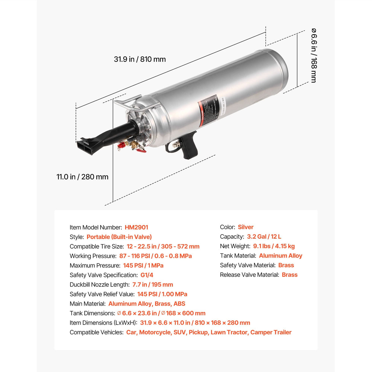 Portable Tire Bead Seater, 3.2 Gal / 12 L Air Bead Blaster, Handheld Tire Inflator Tool, 87-116 PSI Operating Pressure, Trigger Seating Inflator for Compact SUV, Light Truck, E-Bike, RV, ATV