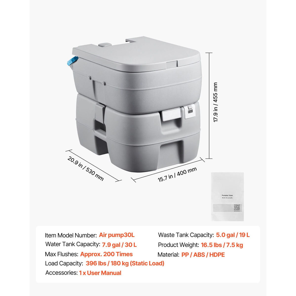 Portable Toilet, 7.9 Gallon Detachable Waste Tank, 200 Flushes, Camping Toilet for Adults, Outdoor Travel Potty with Level Indicator, Suitable for RV Travel, Camping, Hiking, Boating and Trips