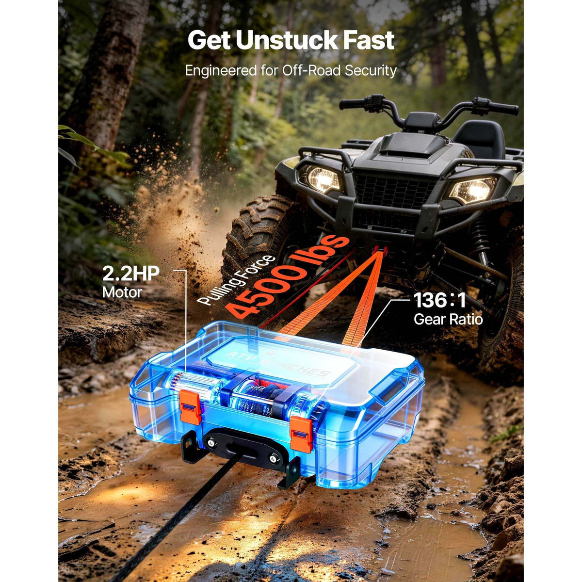 Portable Winch, 4500 lbs 12V DC Electric Winch with Synthetic Rope, Wireless & Wired Remotes, Box-Style Recovery Kit with Fairlead, Clevis Hook, Strap for ATV UTV Off-Road Outdoor Pulling Tasks