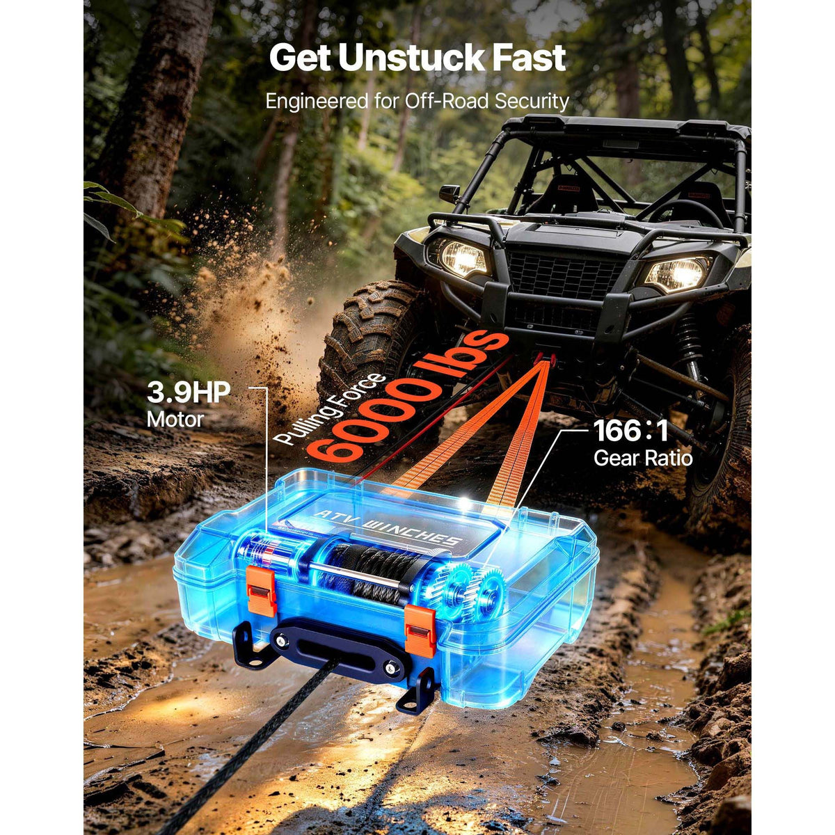 Portable Winch, 6000 lbs 12V DC Electric Winch with Synthetic Rope, Wireless & Wired Remotes, Box-Style Recovery Kit with Fairlead, Clevis Hook, Strap for ATV UTV Off-Road Outdoor Pulling Tasks