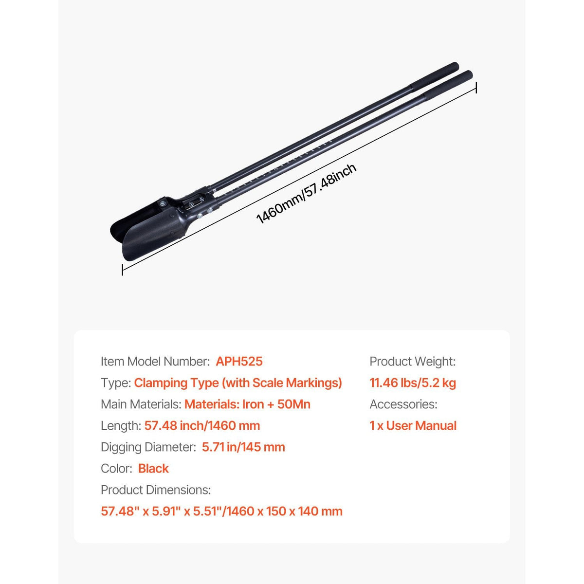 Post Hole Digger, Heavy Duty Post Hole Digger with Carbon Steel Handle, Manual Hole Digger with Scale Markings and Metal Blade, Post Hole Digger Tool for Digging Gardening Outdoors, 57.5-Inch
