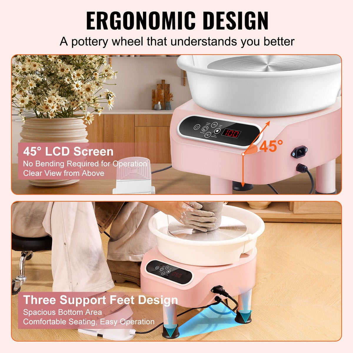 Pottery Wheel, 350W Electric Wheel for Pottery with Foot Pedal and LCD Touch Screen,10 inch Pottery Forming Machine, Direct Drive Ceramic Wheel with 3 Support Legs for DIY Art Craft, Pink