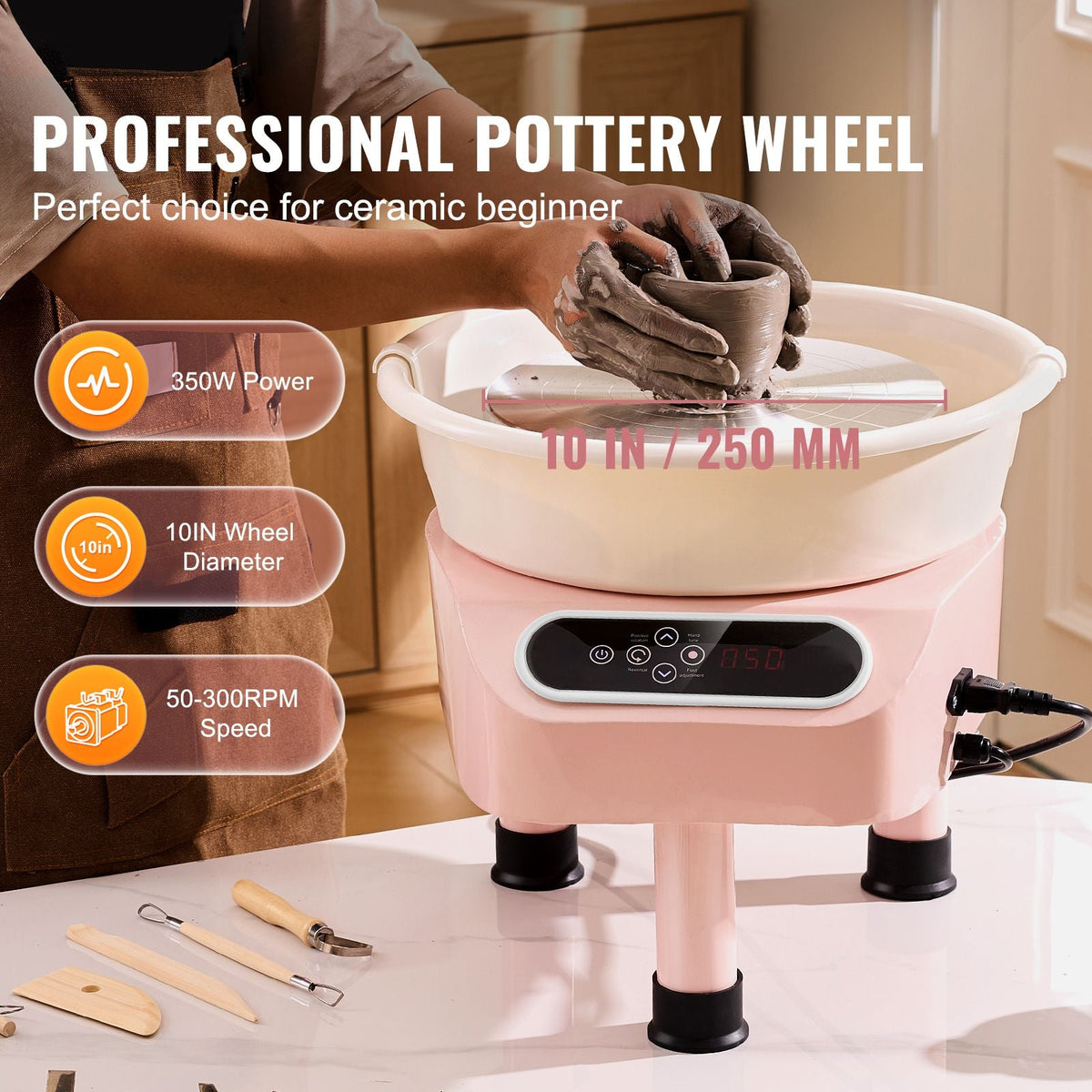Pottery Wheel, 350W Electric Wheel for Pottery with Foot Pedal and LCD Touch Screen,10 inch Pottery Forming Machine, Direct Drive Ceramic Wheel with 3 Support Legs for DIY Art Craft, Pink