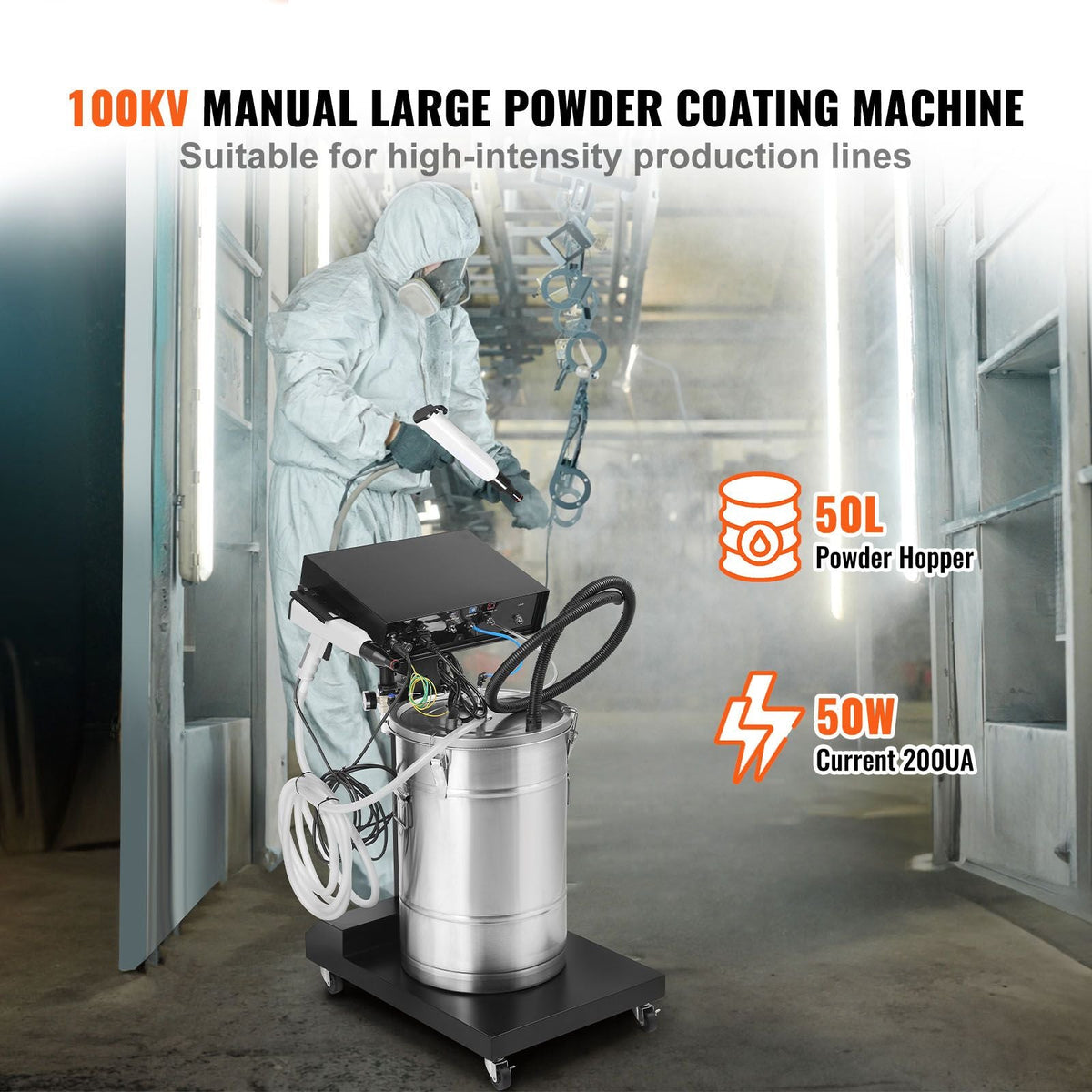 Powder Coating System, 50 W 100KV Electrostatic Output Powder Coating Kit with 50L Powder Hopper, 450g Per Minute Powder Coating Machine with Spray Gun and Trolley Base, for Indoor and Outdoor