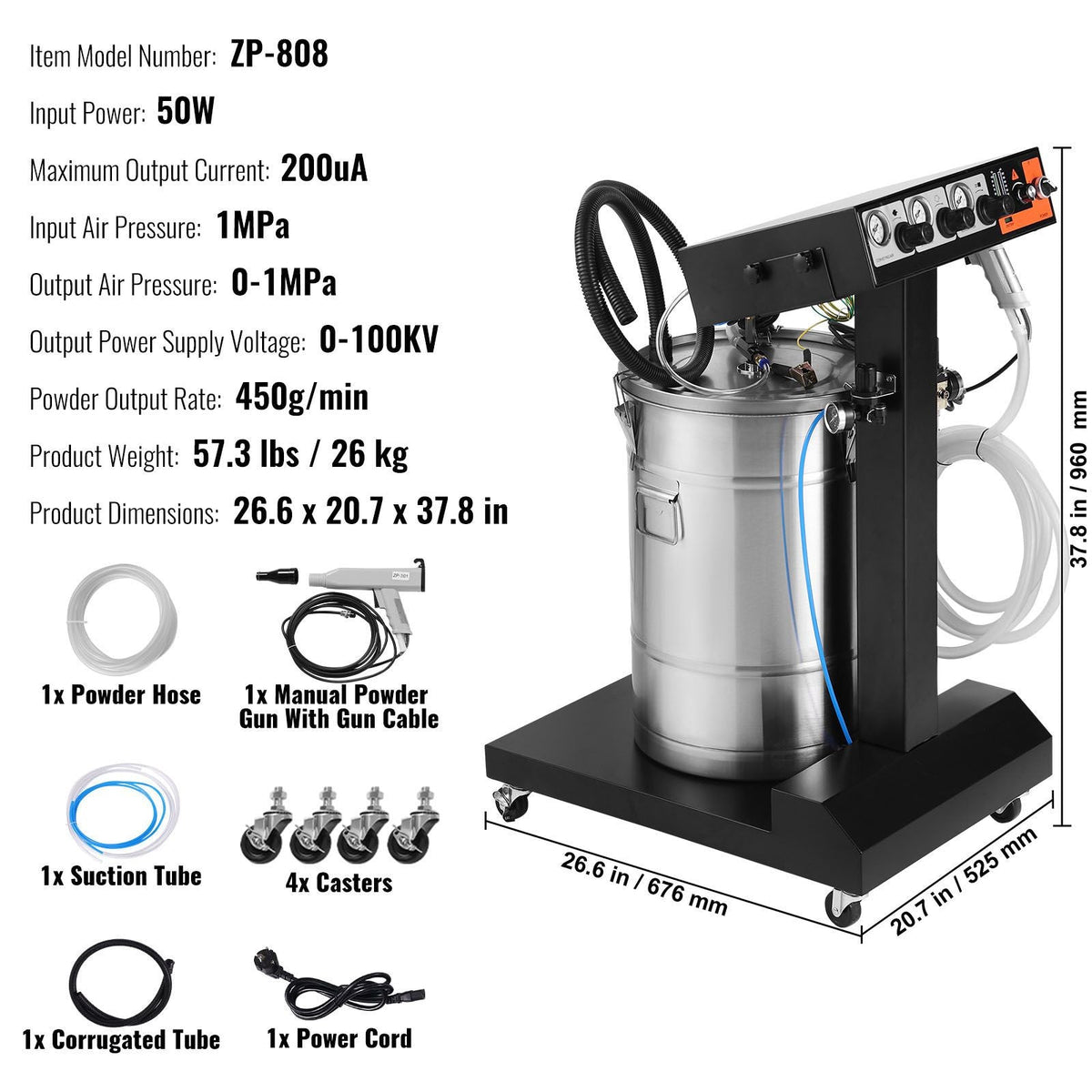 Powder Coating System, 50 W 100KV Electrostatic Output Powder Coating Kit with 50L Powder Hopper, 450g Per Minute Powder Coating Machine with Spray Gun and Trolley Base, for Indoor and Outdoor