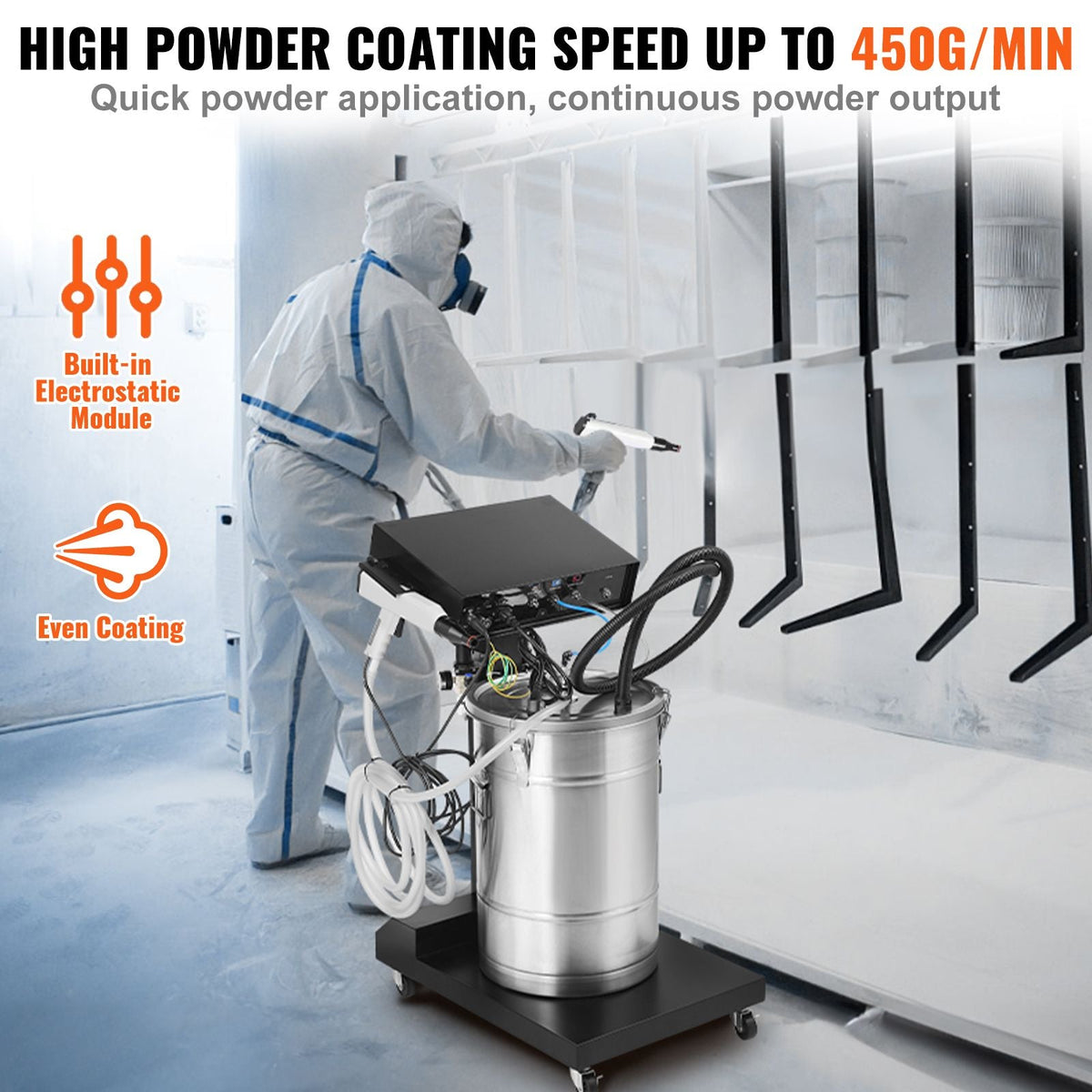 Powder Coating System, 50 W 100KV Electrostatic Output Powder Coating Kit with 50L Powder Hopper, 450g Per Minute Powder Coating Machine with Spray Gun and Trolley Base, for Indoor and Outdoor