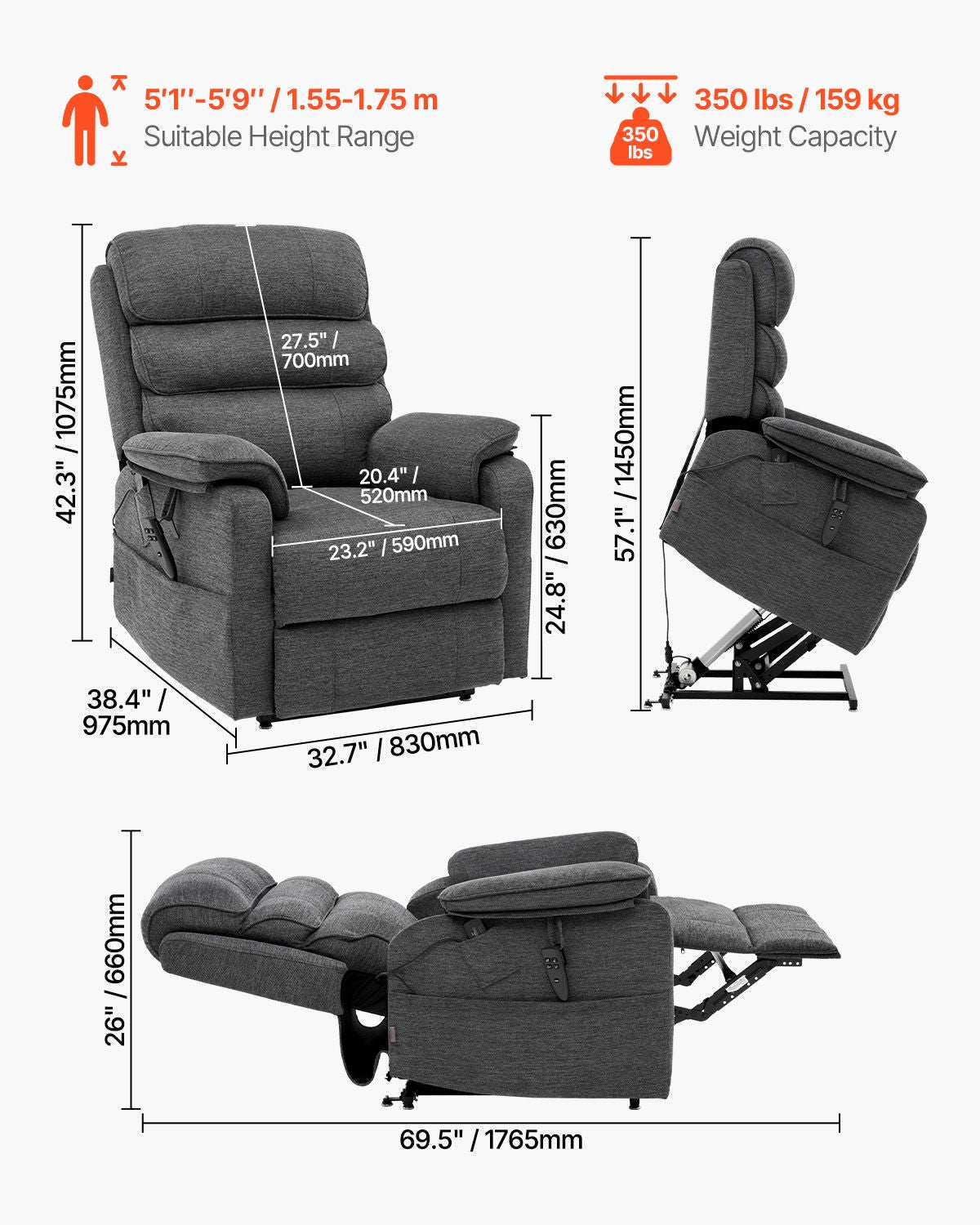 Power Lift Recliner Chair, Lift Chair with Heat and Massage for Elderly, Dual Motor Recliner Chair with 2 Anti-Fall Ropes, Infinite Position Adjustment Electric Recliner (Medium, Dark Gray)
