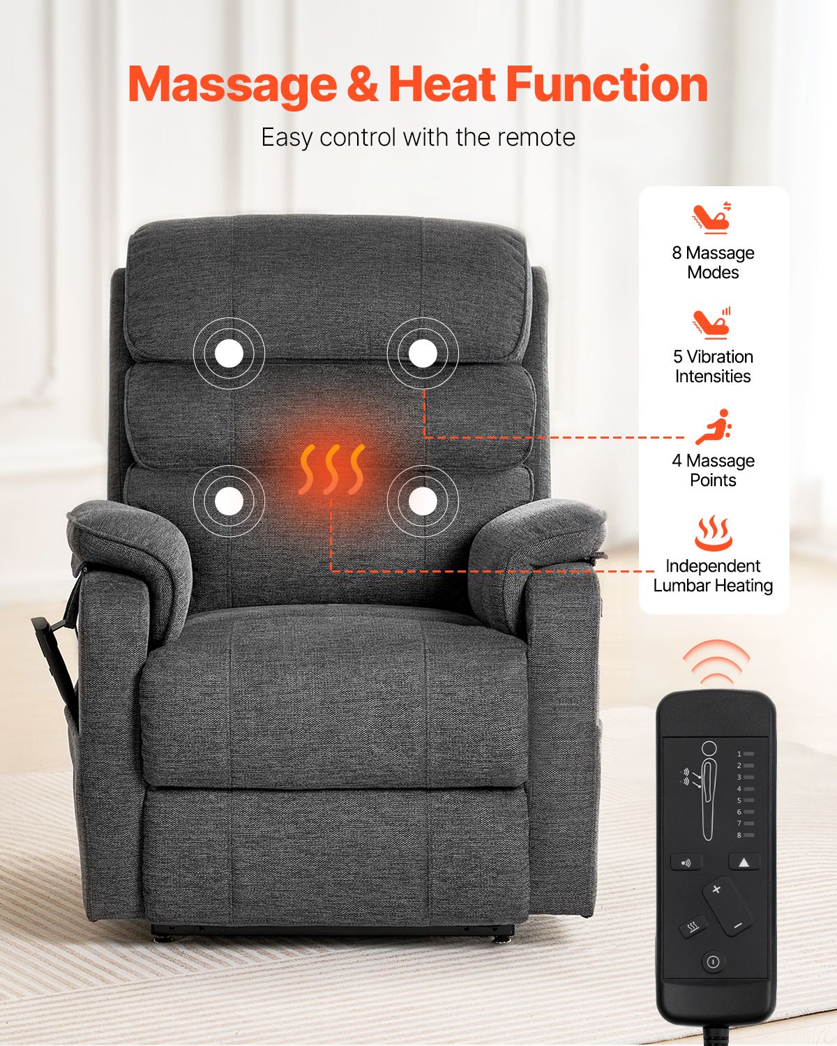 Power Lift Recliner Chair, Lift Chair with Heat and Massage for Elderly, Dual Motor Recliner Chair with 2 Anti-Fall Ropes, Infinite Position Adjustment Electric Recliner (Medium, Dark Gray)