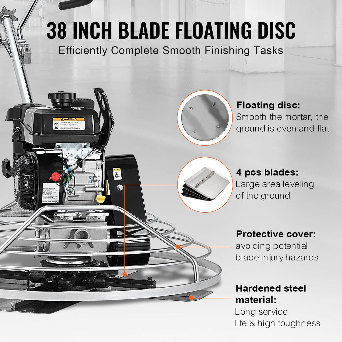 Power Trowel, 38' Walk-Behind Cement Trowel with Float Pan, 6HP Gas-Powered Smooth Concrete Surface Finisher, Heavy Duty Commercial Screed Concrete Cement with Finishing Blade, Orange