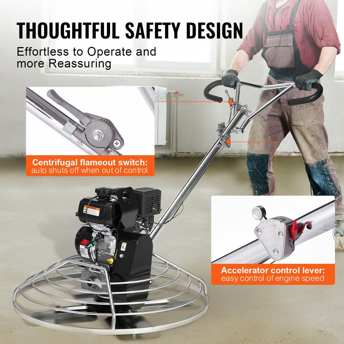 Power Trowel, 38' Walk-Behind Cement Trowel with Float Pan, 6HP Gas-Powered Smooth Concrete Surface Finisher, Heavy Duty Commercial Screed Concrete Cement with Finishing Blade, Orange