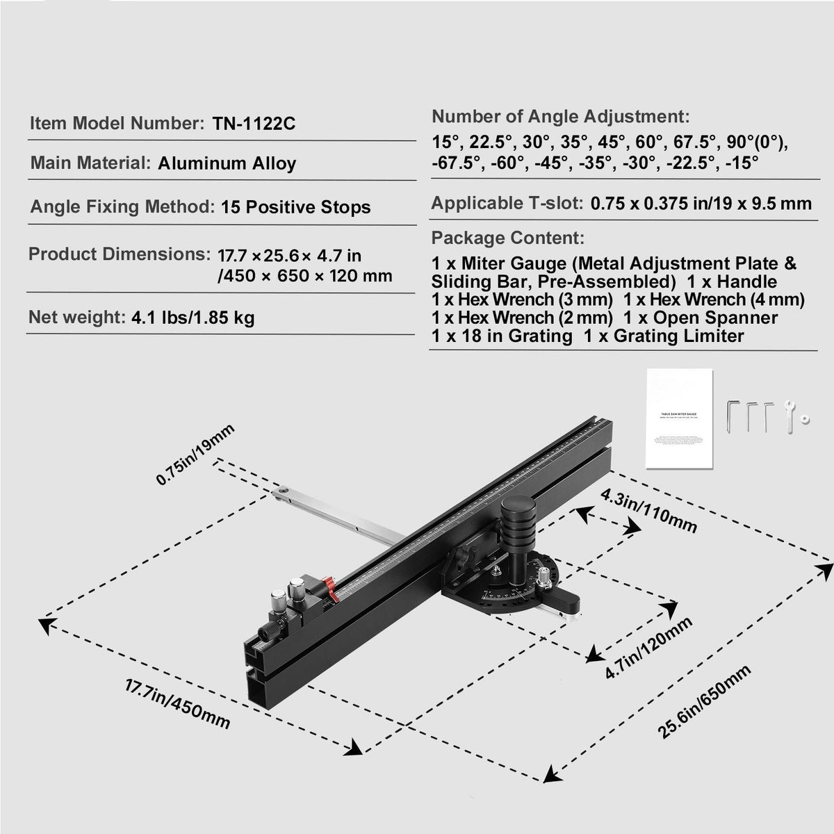 Precision Miter Gauge, Standard Slot 3/4'' x 3/8'', Aluminum Alloy Table Saw Miter Gauge with 24 in Grating 15 Angle Stops Adjustable Spring Loaded Plunger and Removable Disc, for Woodworking