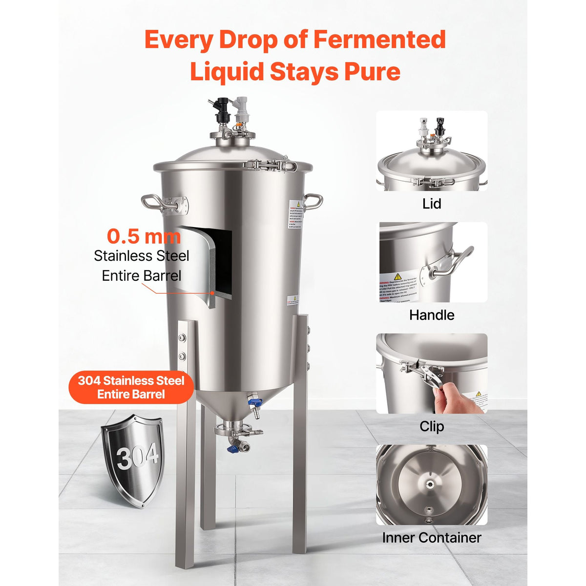 Pressure Fermenter 15 PSI, 8 Gal/30L All-in-One Stainless Steel Conical Secondary Fermentation Bucket, for Wine, Beer Brewing Equipment