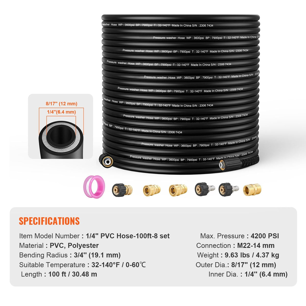 Pressure Washer Hose, 100FT, 1/4" Kink Free M22-14mm Brass Thread Replacement For Most Brand Pressure Washers, 3/4'' Bending Radius, 4200 PSI Heavy Duty Power Washer Extension Replacement Hose